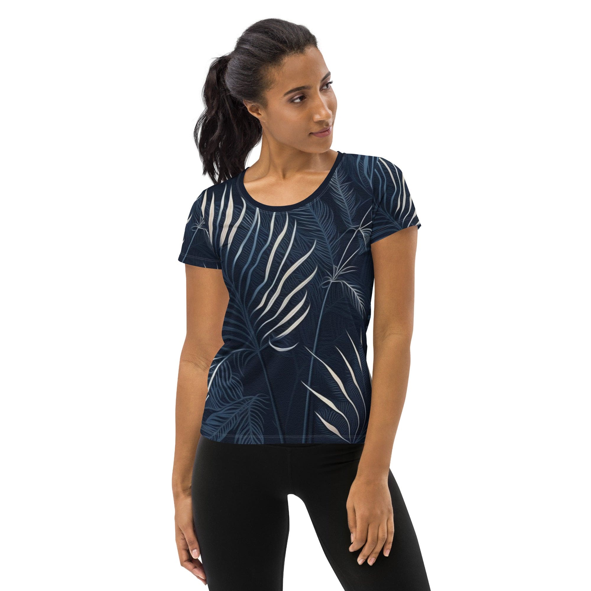 Women's Stretch Fit Athletic Sports T-shirt in blue and white palm leaves design, showcasing its soft fabric and athletic silhouette.