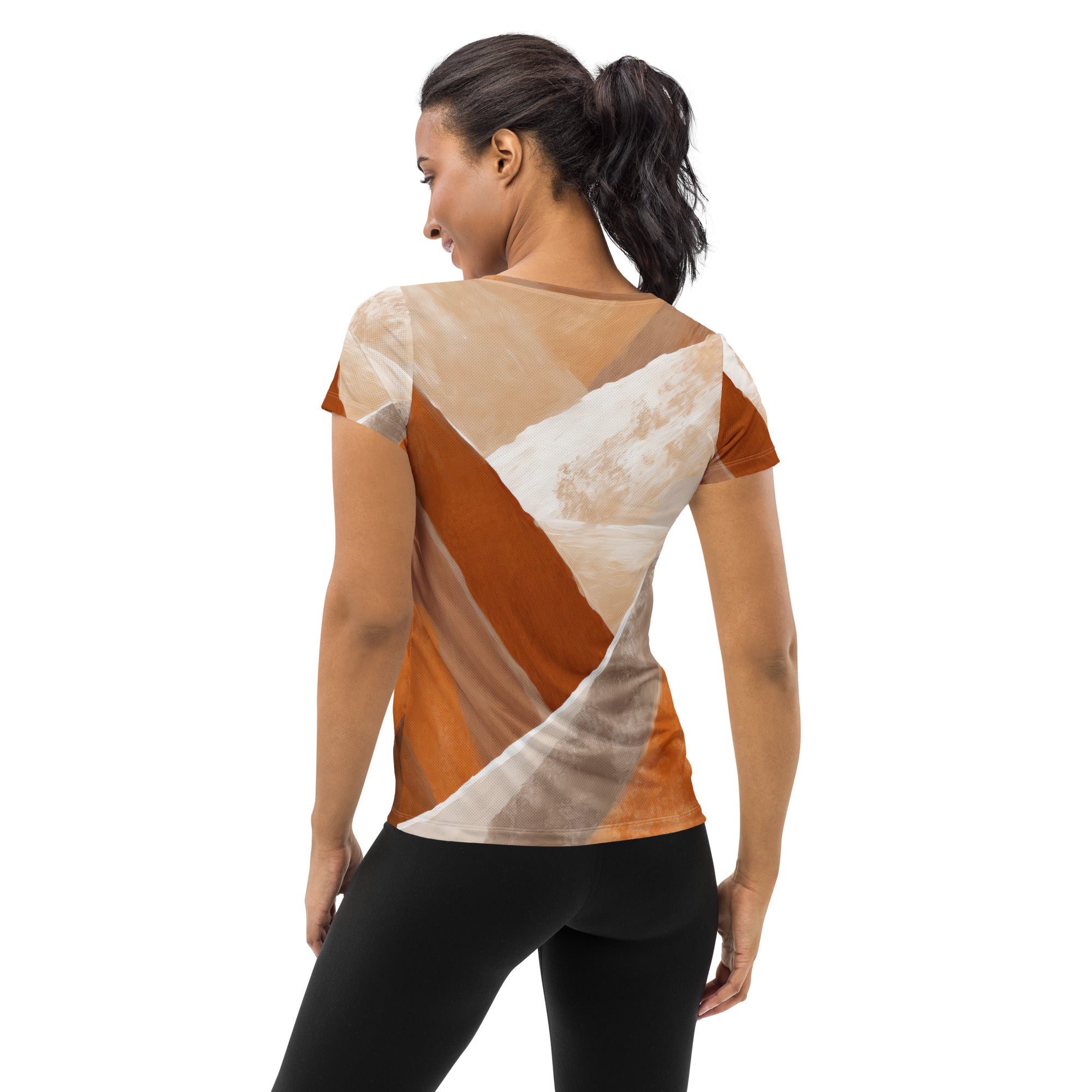 Women's Stretch Fit Athletic Sports T-shirt featuring a vibrant Boho watercolor print, designed for comfort and performance during workouts.