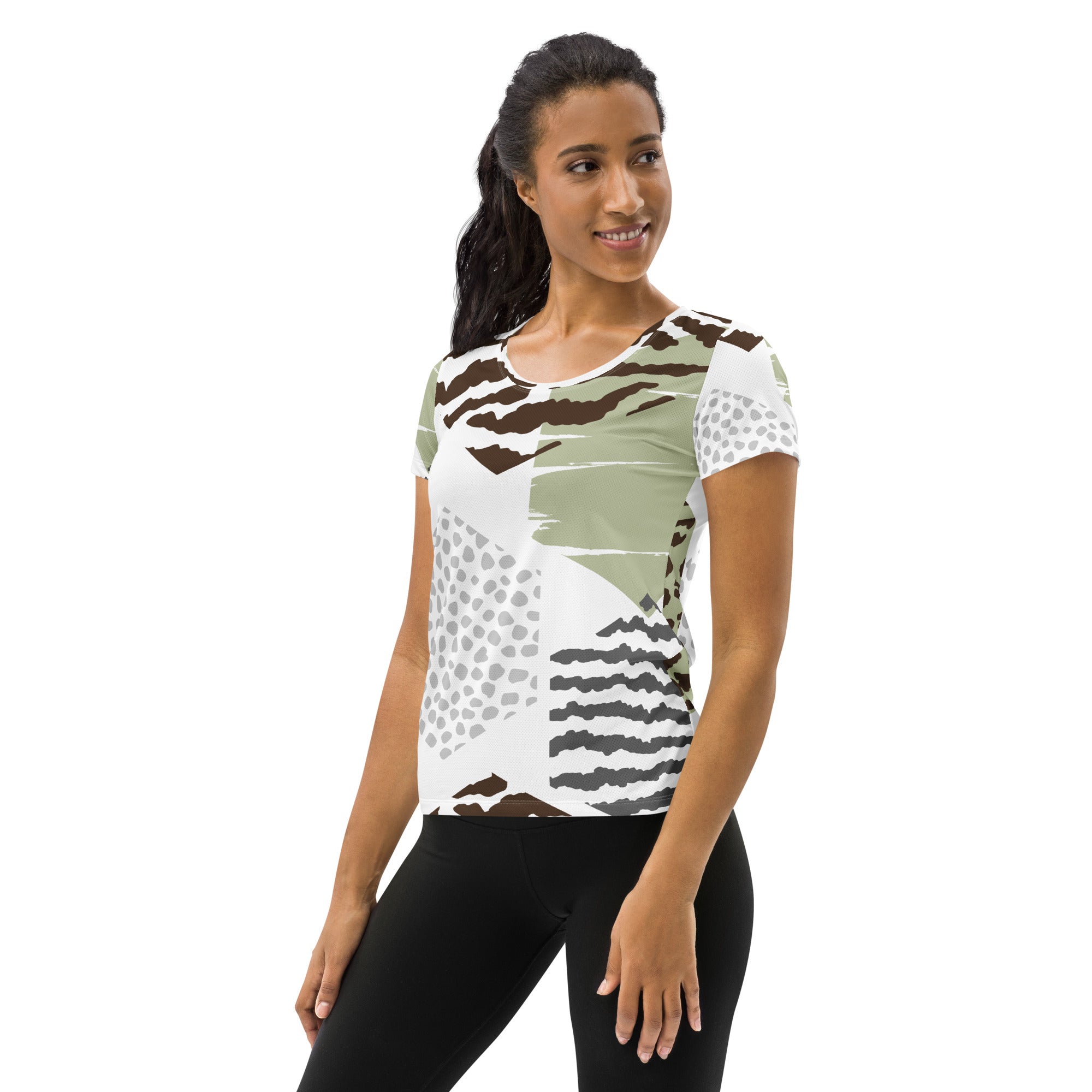 Women's Stretch Fit Athletic Sports T-shirt in brown, green, and grey with a hexagon pattern, designed for comfort and performance during workouts.