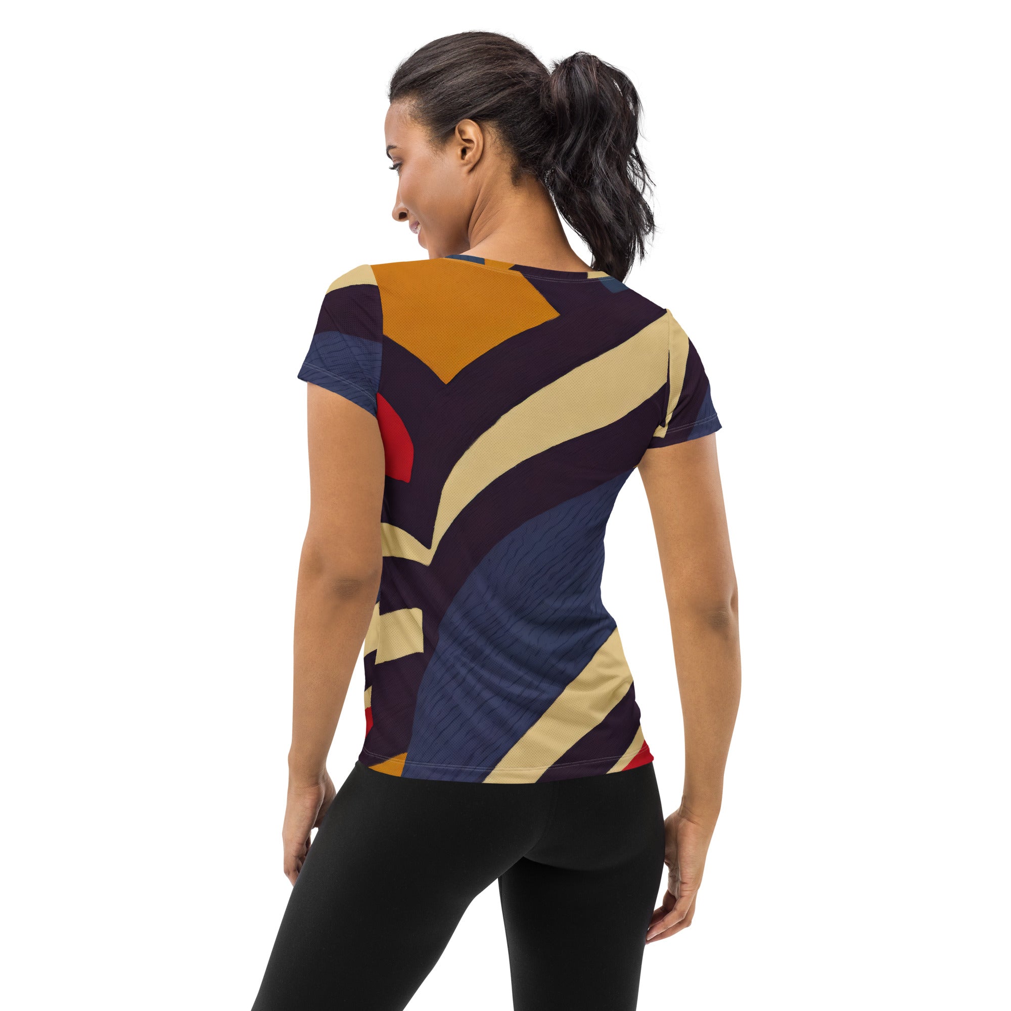 Women's Stretch Fit Athletic Sports T-shirt in brown, red, and blue colorblock design, showcasing its comfortable fit and stylish look.