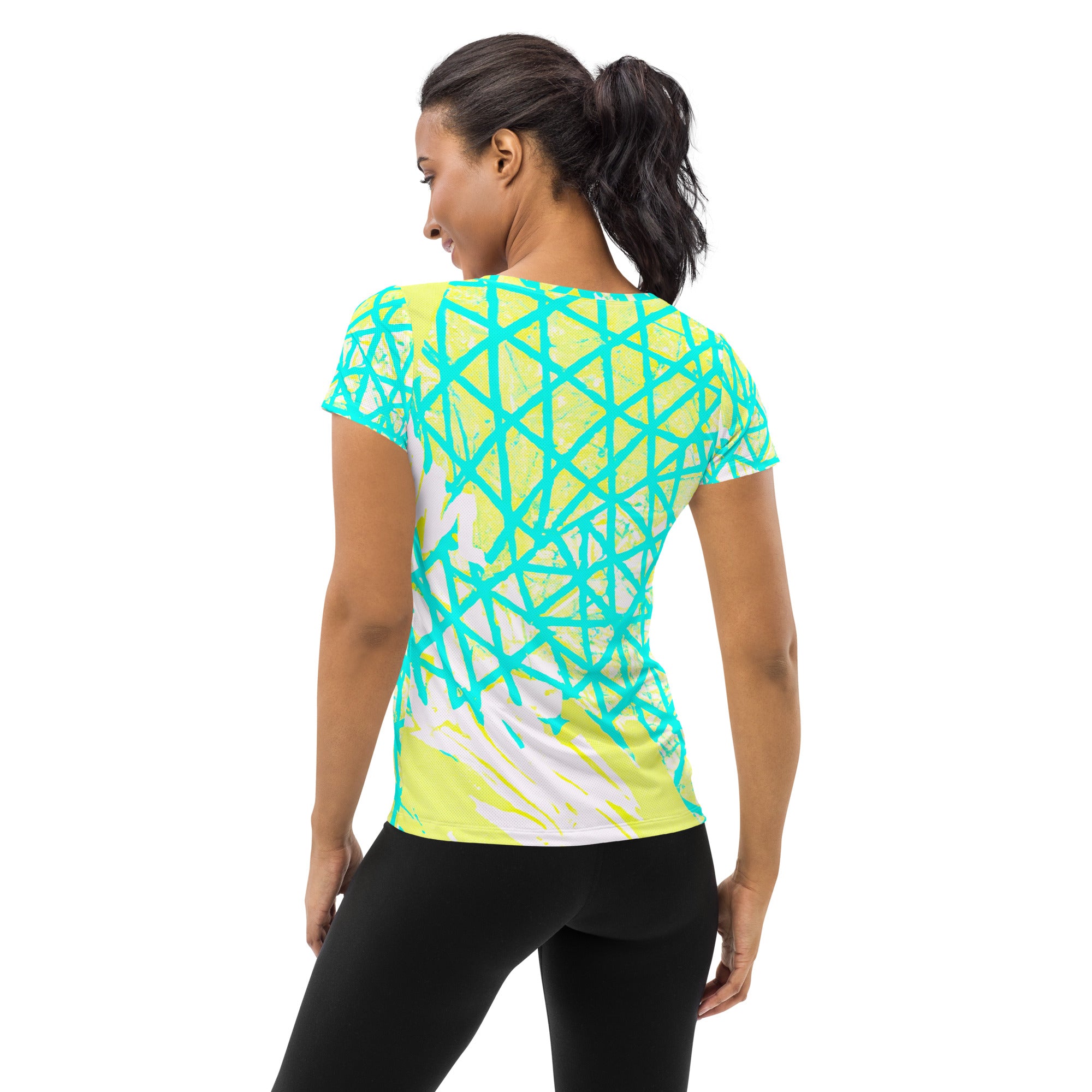 Women's Stretch Fit Athletic Sports T-shirt in cyan blue and lime green with white pattern, showcasing a comfortable and flexible design for workouts.