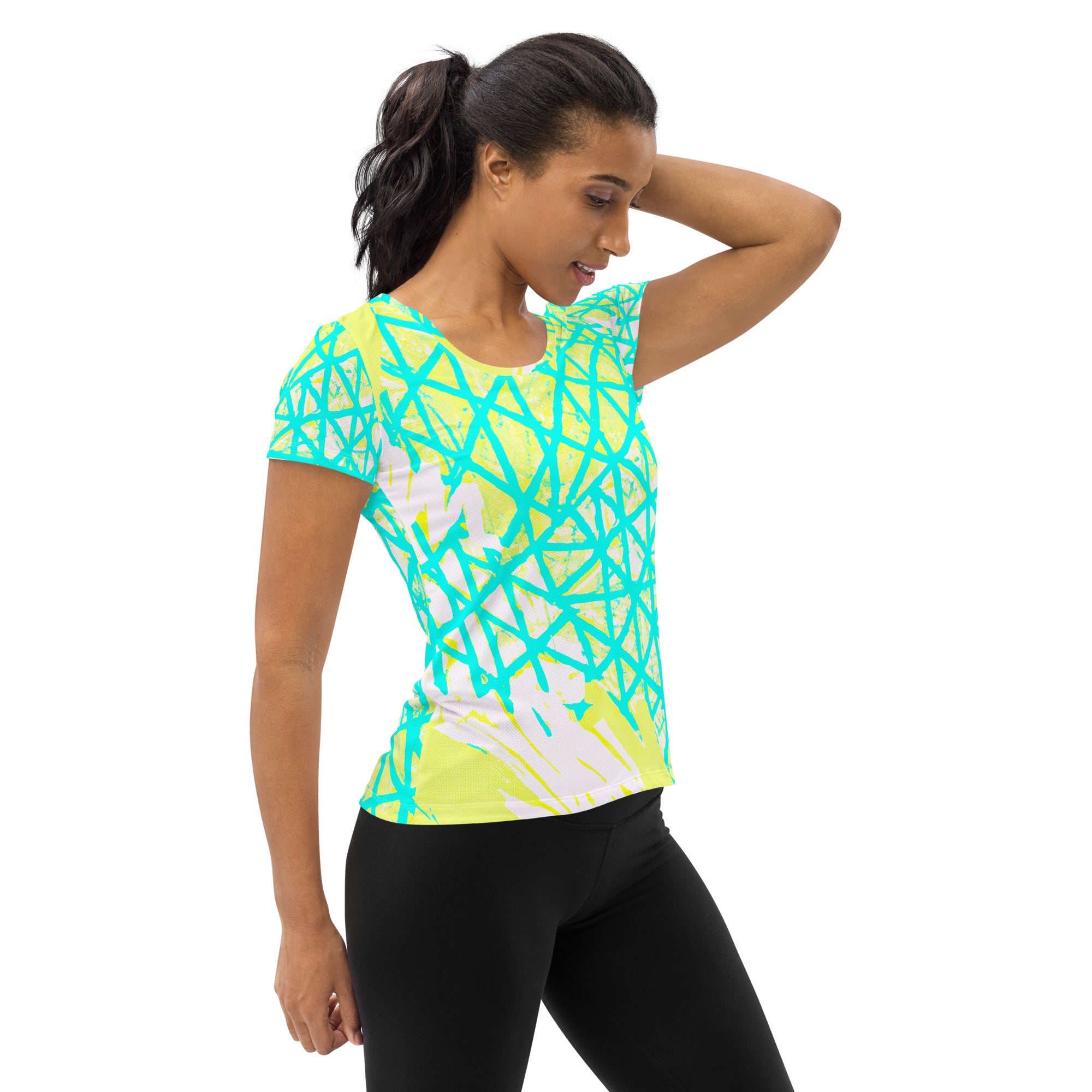 Women's Stretch Fit Athletic Sports T-shirt in cyan blue and lime green with white pattern, showcasing a comfortable and flexible design for workouts.