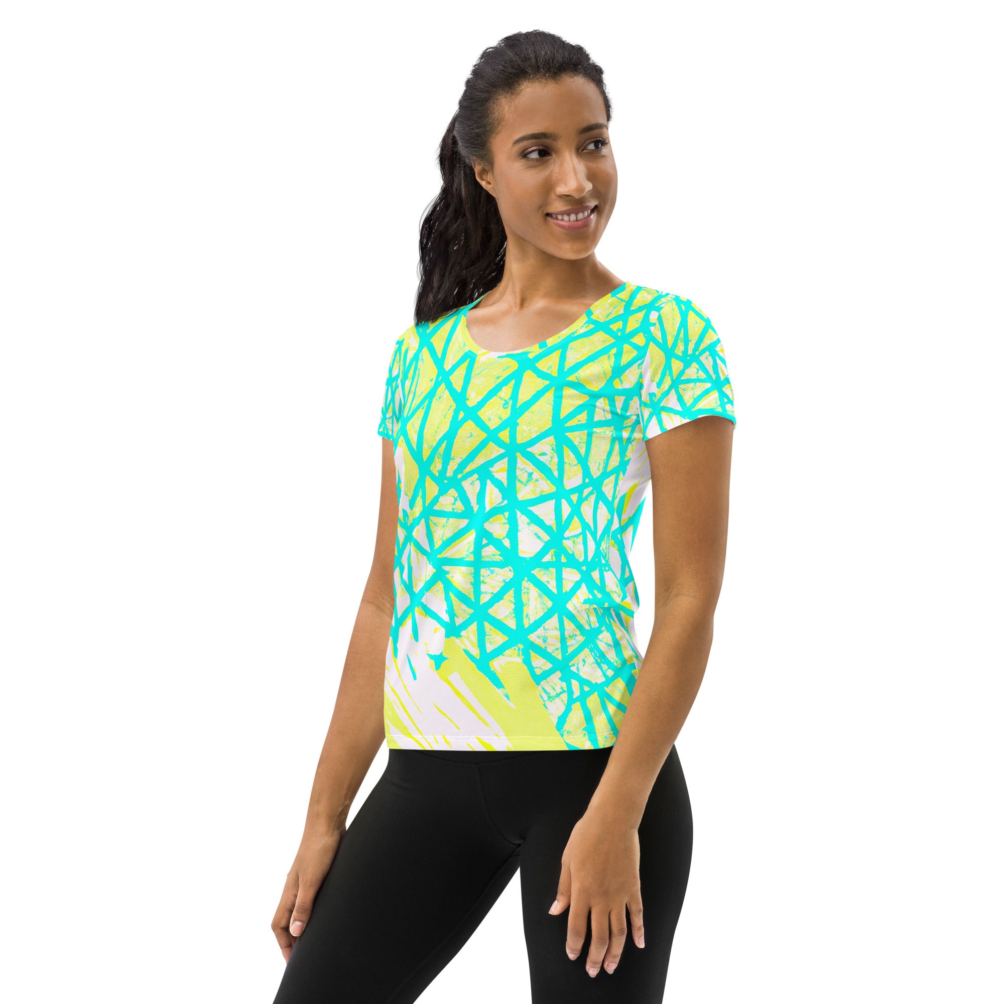 Women's Stretch Fit Athletic Sports T-shirt in cyan blue and lime green with white pattern, showcasing a comfortable and flexible design for workouts.