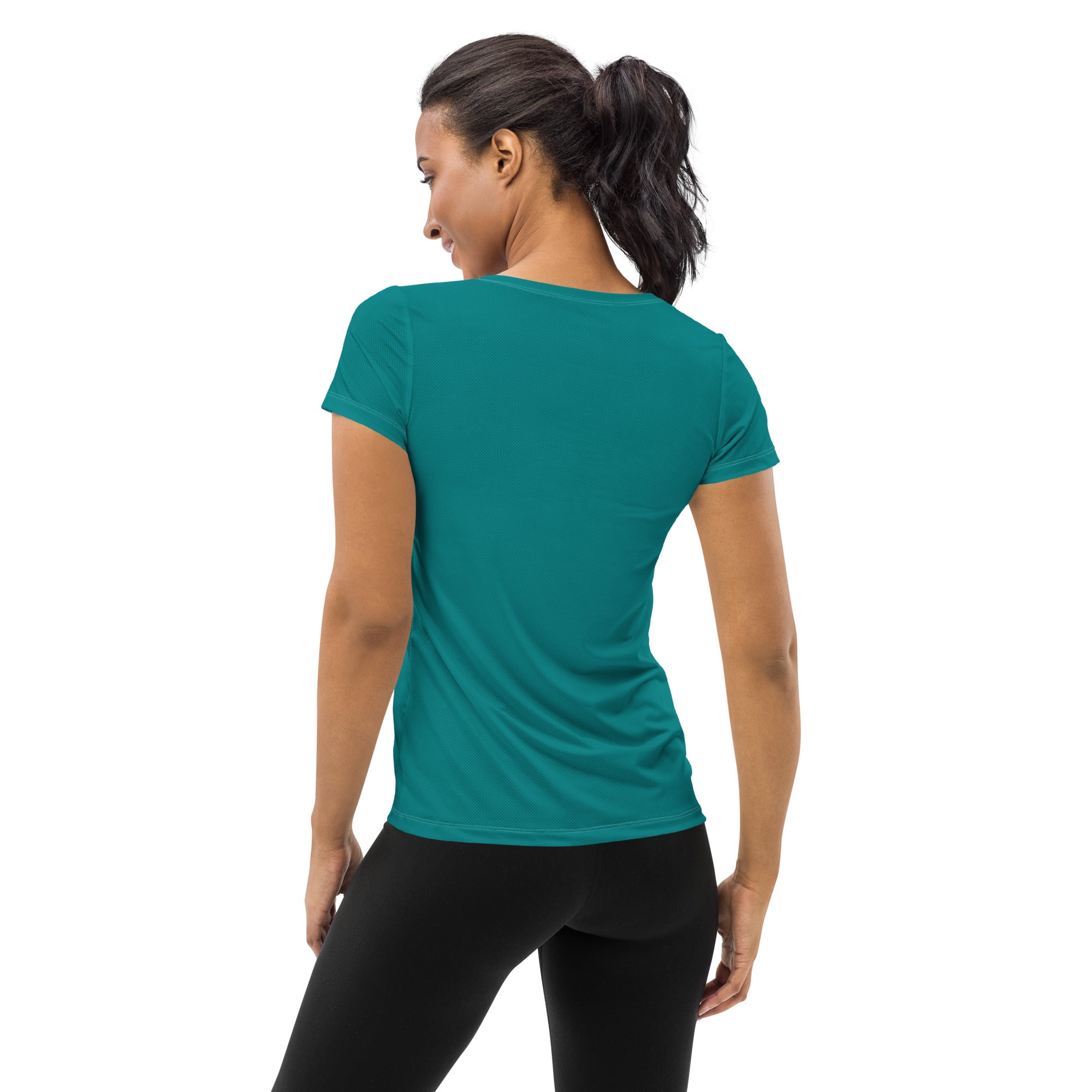 Women's Stretch Fit Athletic Sports T-shirt in Dark Teal Green, showcasing its soft fabric and athletic design.
