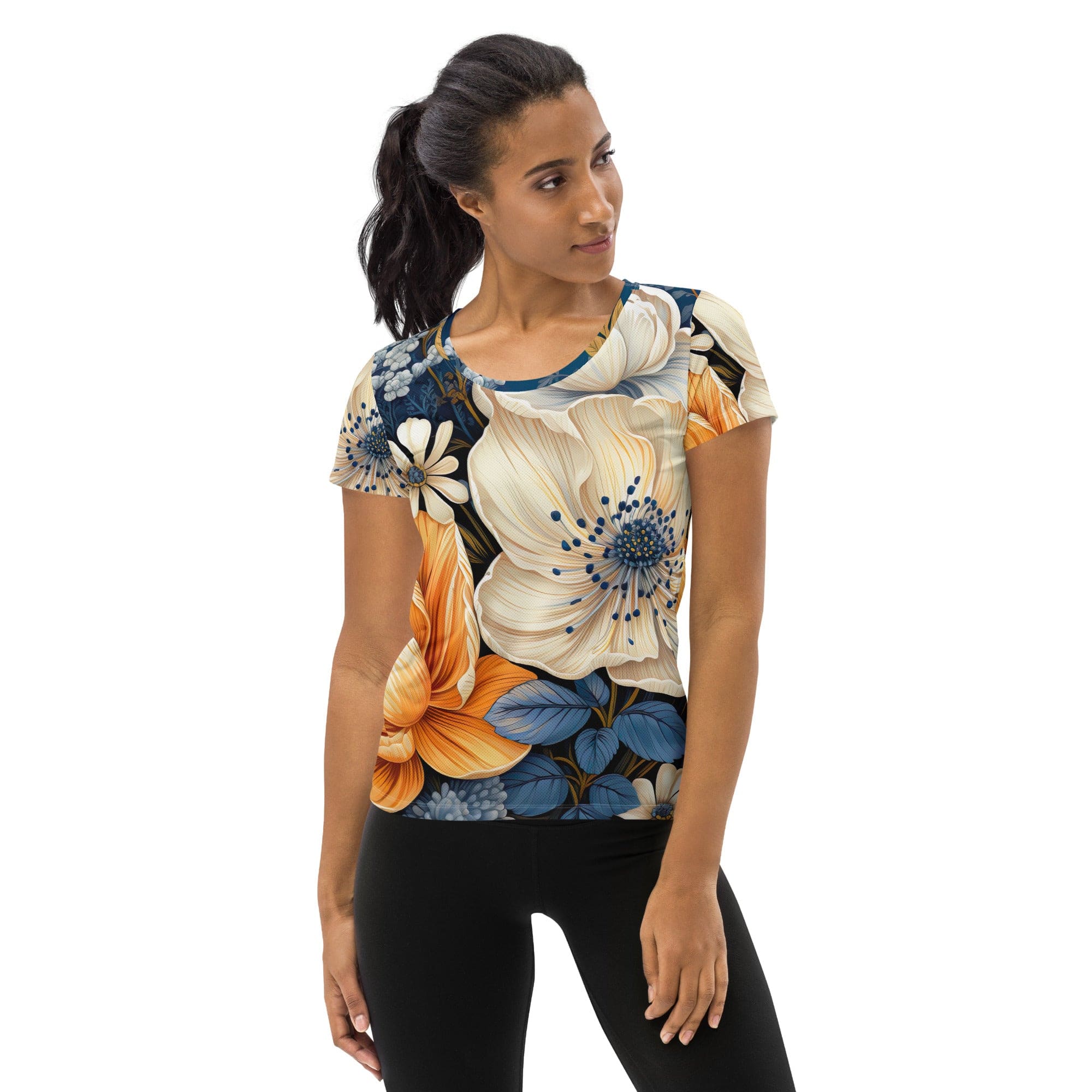 Women's Stretch Fit Athletic Sports T-shirt in floral blue print, showcasing a comfortable fit and stylish design, perfect for workouts.