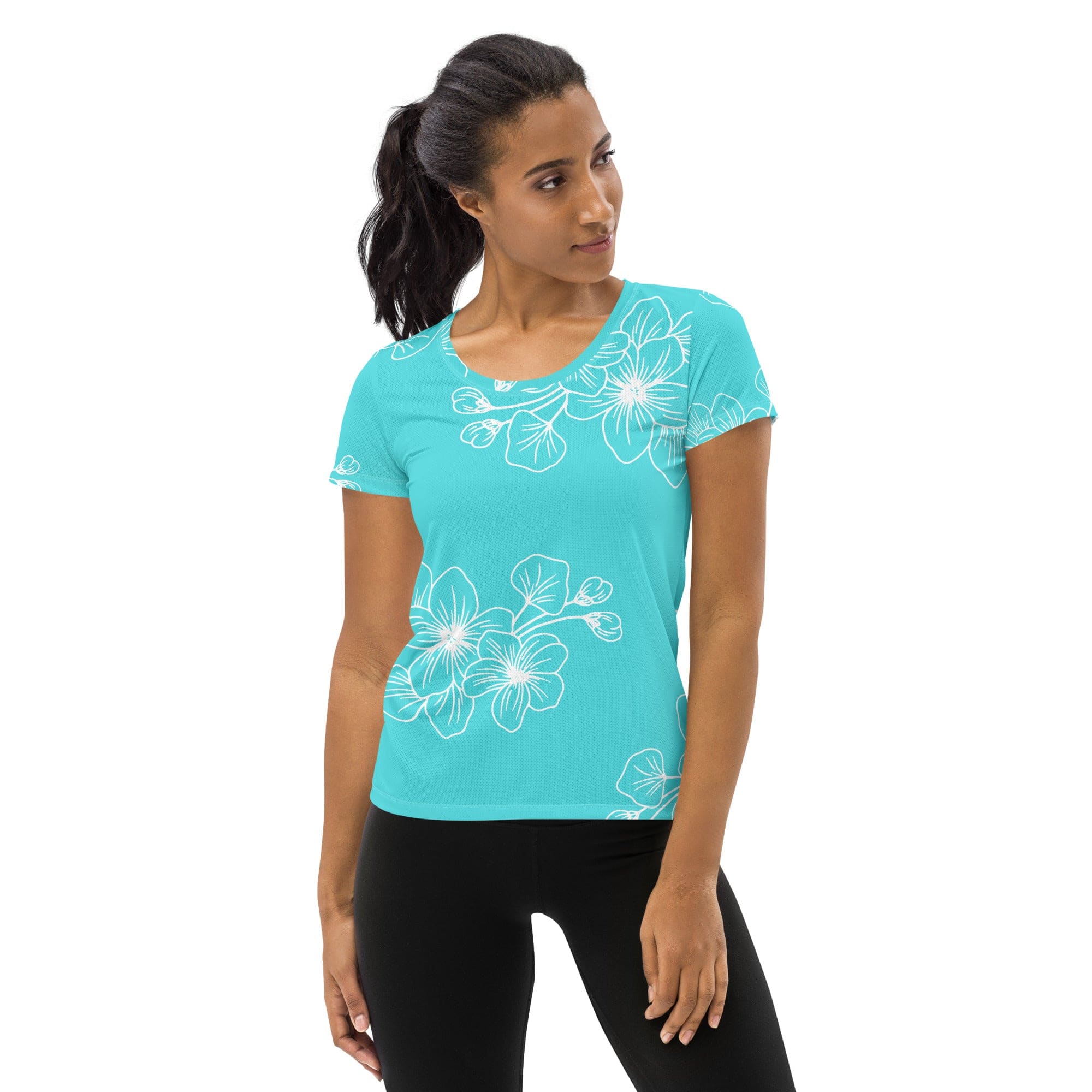 Women's Stretch Fit Athletic Sports T-shirt in Floral Cyan Blue, showcasing its soft fabric and athletic design.