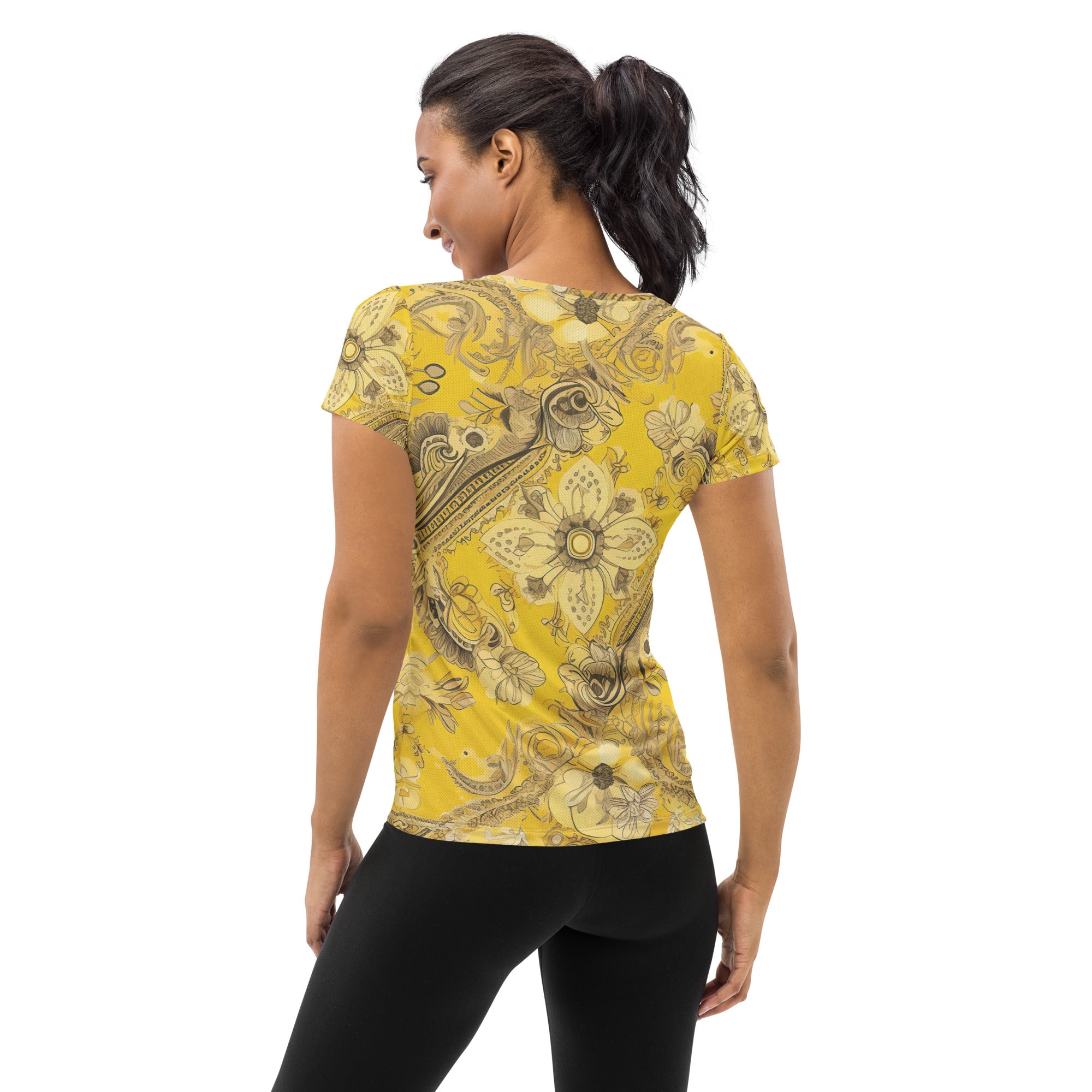 Women's Stretch Fit Athletic Sports T-shirt in Floral Yellow Bandanna design, showcasing its vibrant colors and comfortable fit.