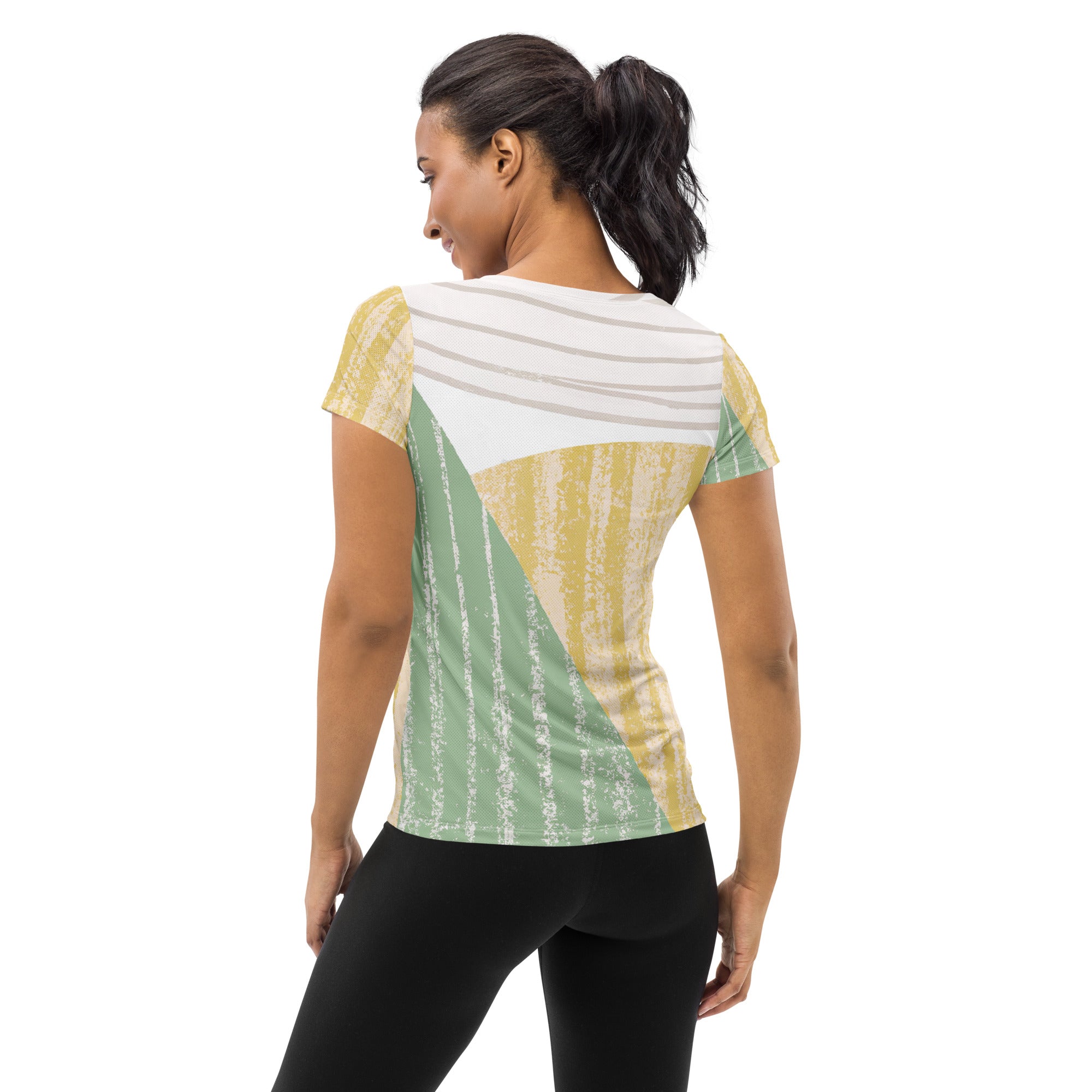 Women's Stretch Fit Athletic Sports T-shirt in green textured boho pattern, showcasing its form-fitting design and short sleeves.