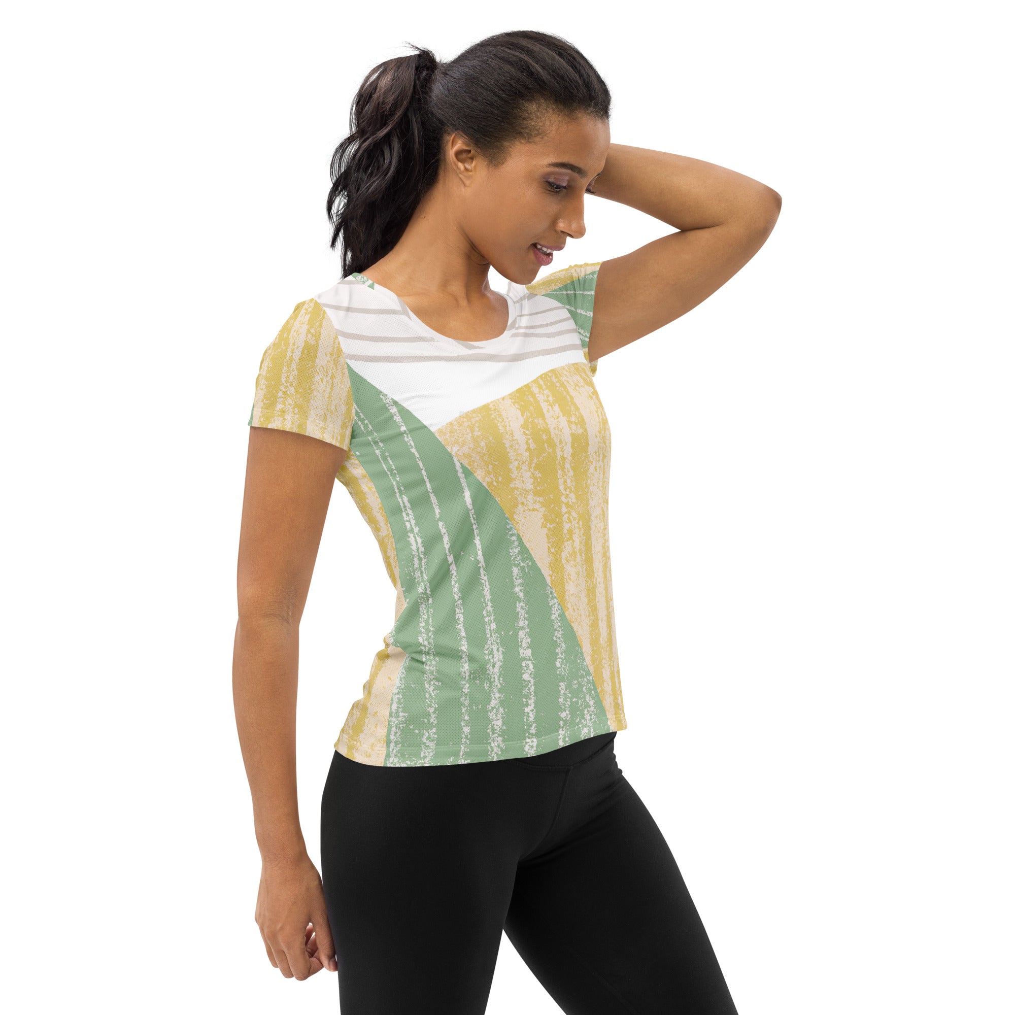 Women's Stretch Fit Athletic Sports T-shirt in green textured boho pattern, showcasing its form-fitting design and short sleeves.