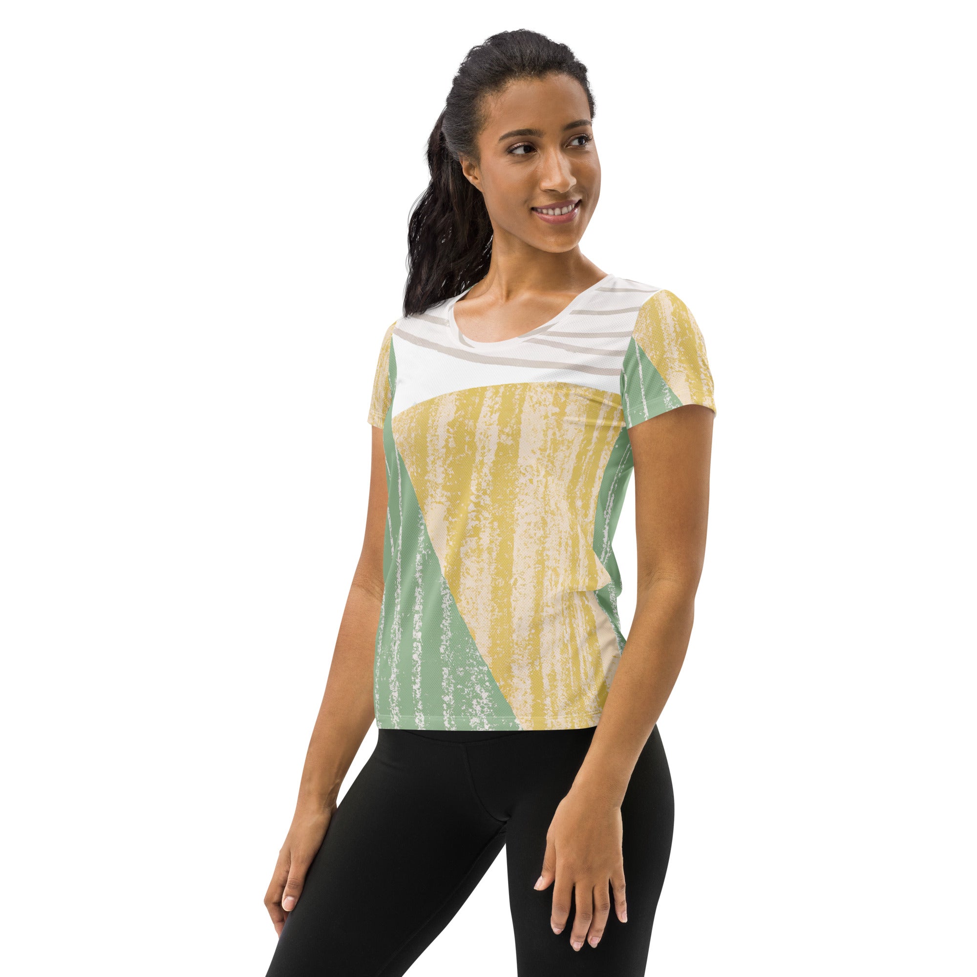 Women's Stretch Fit Athletic Sports T-shirt in green textured boho pattern, showcasing its form-fitting design and short sleeves.