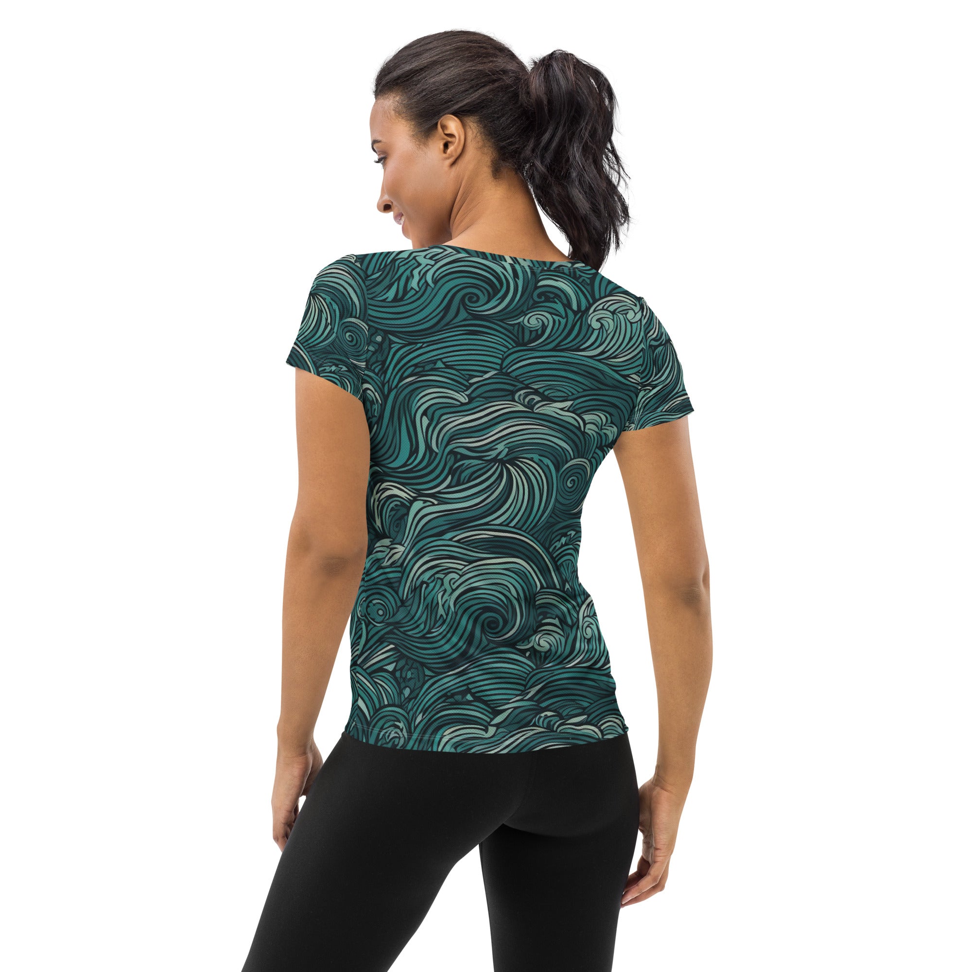 Women's Stretch Fit Athletic Sports T-shirt in Mint Green Water Wave design, showcasing its soft fabric and athletic silhouette.