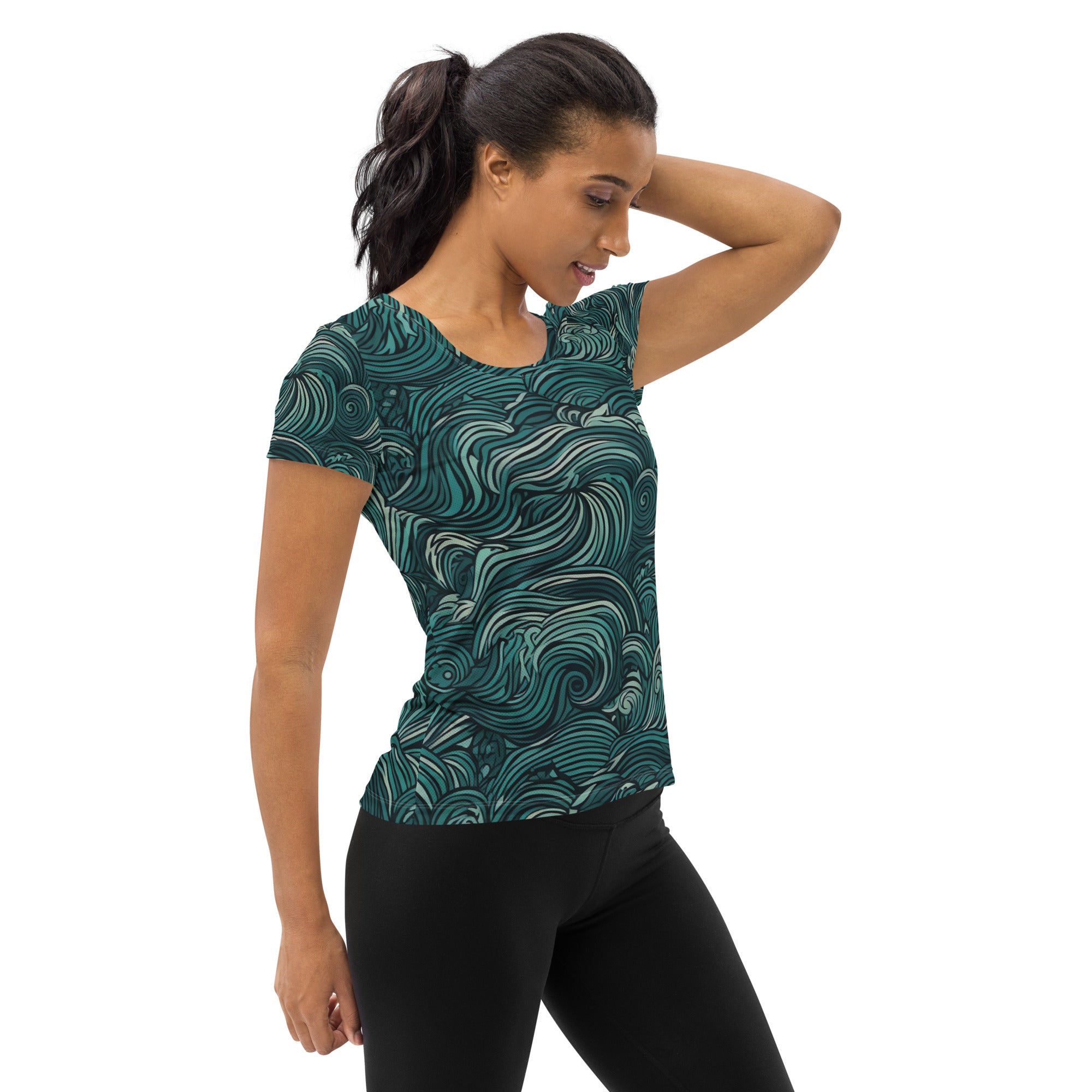 Women's Stretch Fit Athletic Sports T-shirt in Mint Green Water Wave design, showcasing its soft fabric and athletic silhouette.