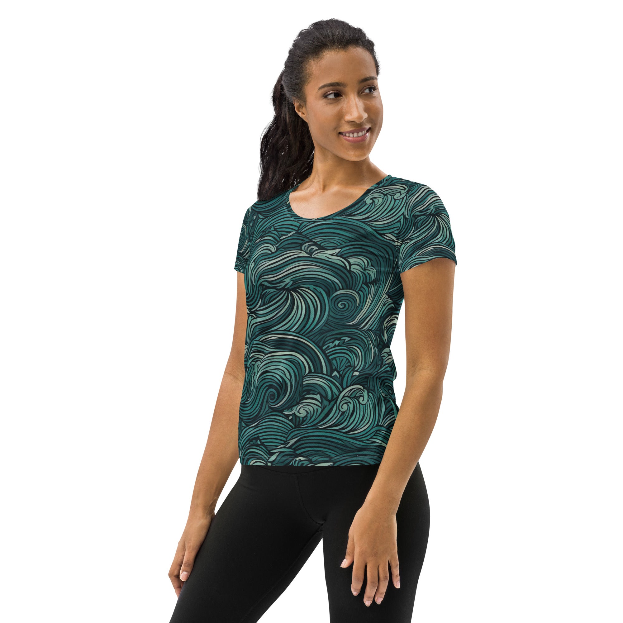 Women's Stretch Fit Athletic Sports T-shirt in Mint Green Water Wave design, showcasing its soft fabric and athletic silhouette.