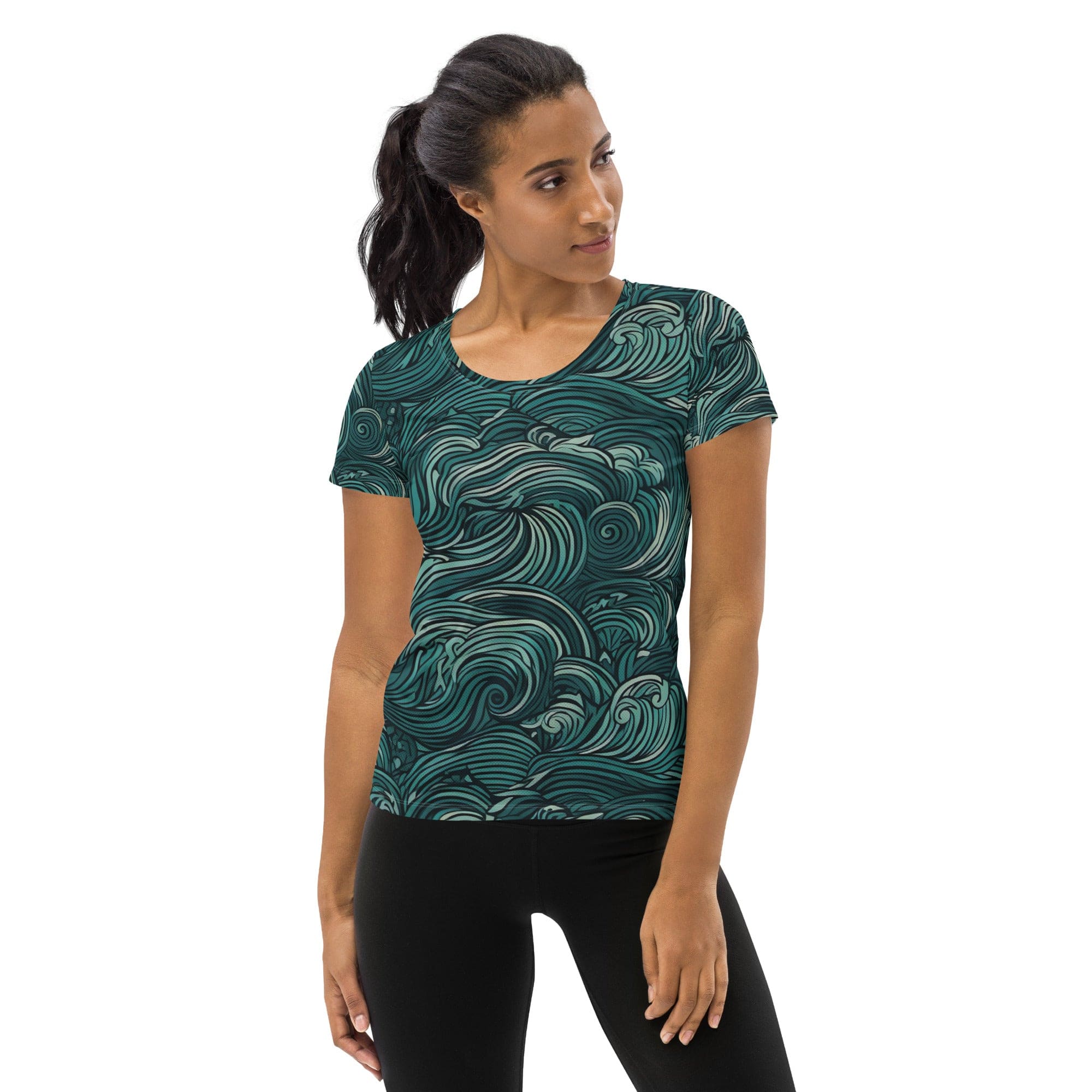 Women's Stretch Fit Athletic Sports T-shirt in Mint Green Water Wave design, showcasing its soft fabric and athletic silhouette.