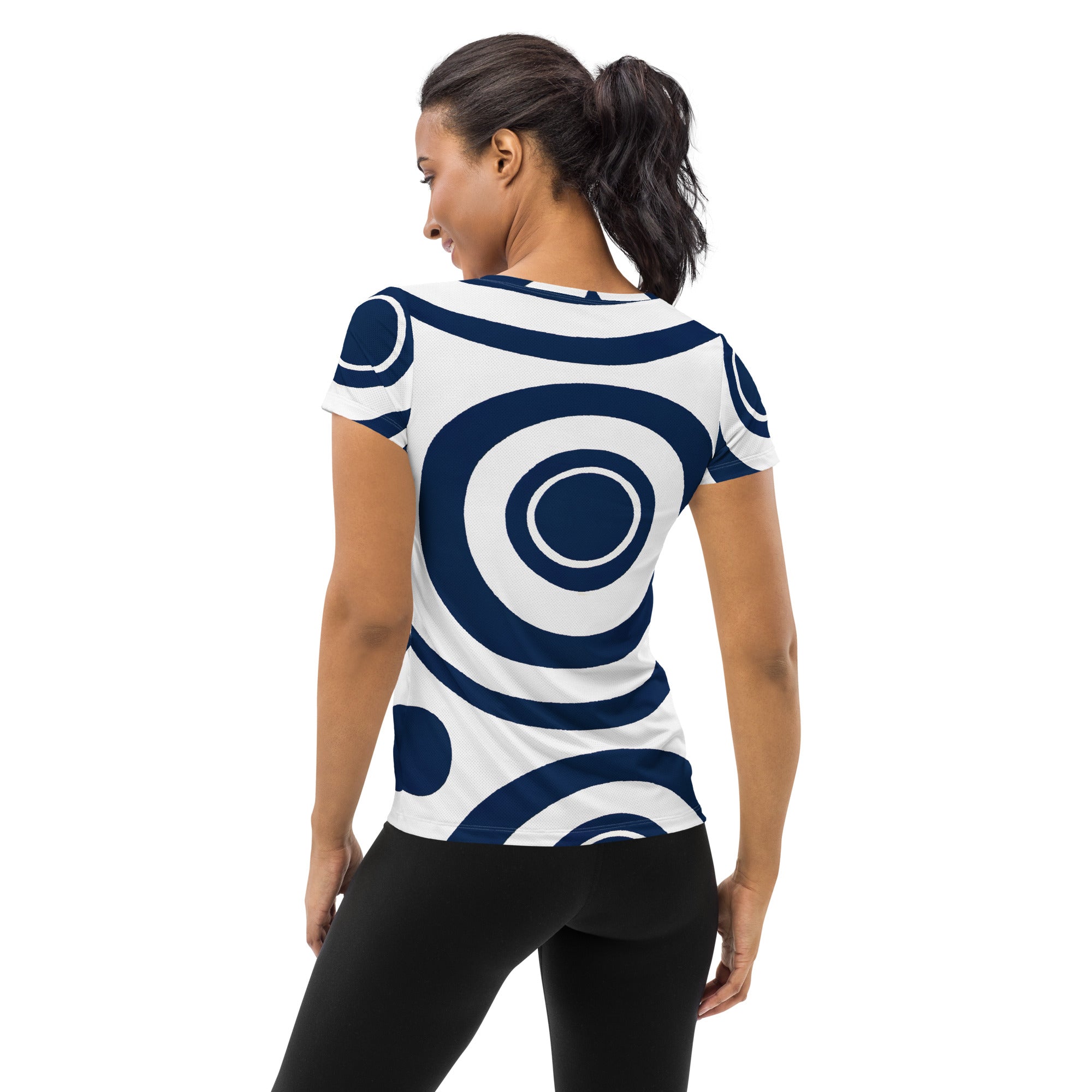 Women's Stretch Fit Athletic Sports T-shirt in navy blue and white with a circular pattern, showcasing its flexible fit and athletic design.