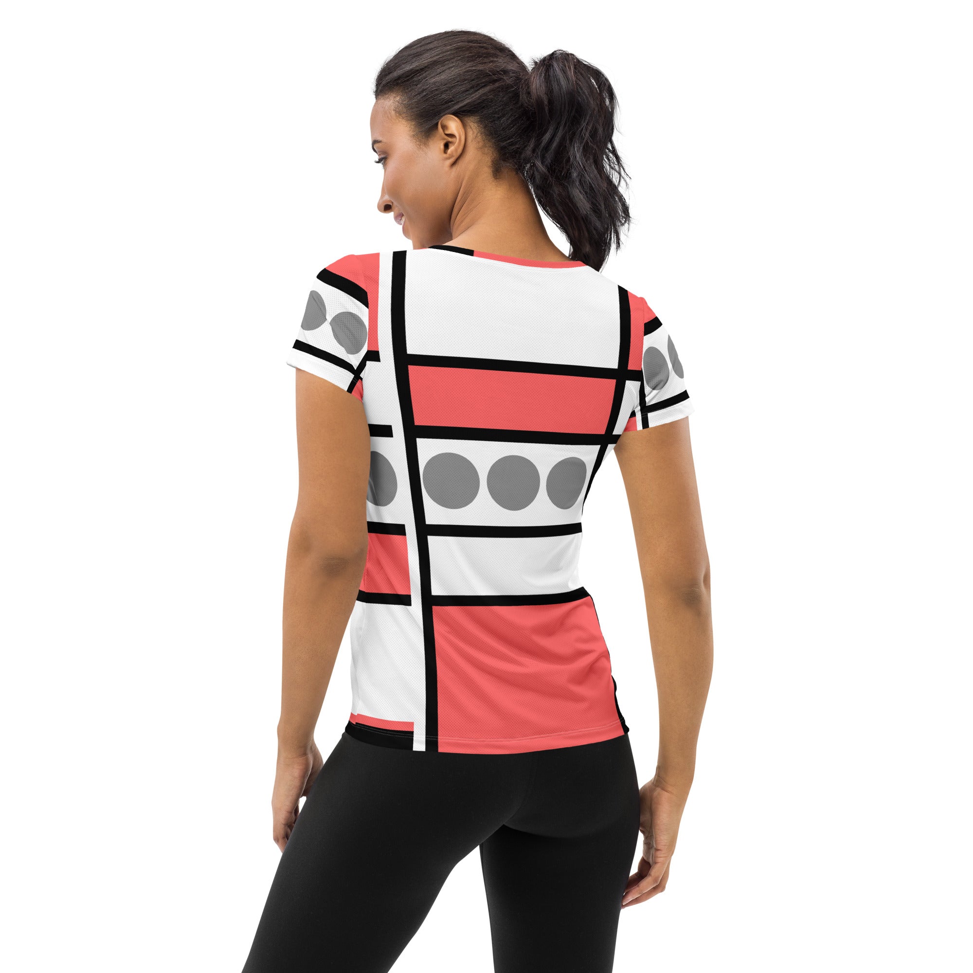 Women's Stretch Fit Athletic Sports T-shirt in pale red print, showcasing a form-fitting design with short sleeves and a crew neckline.