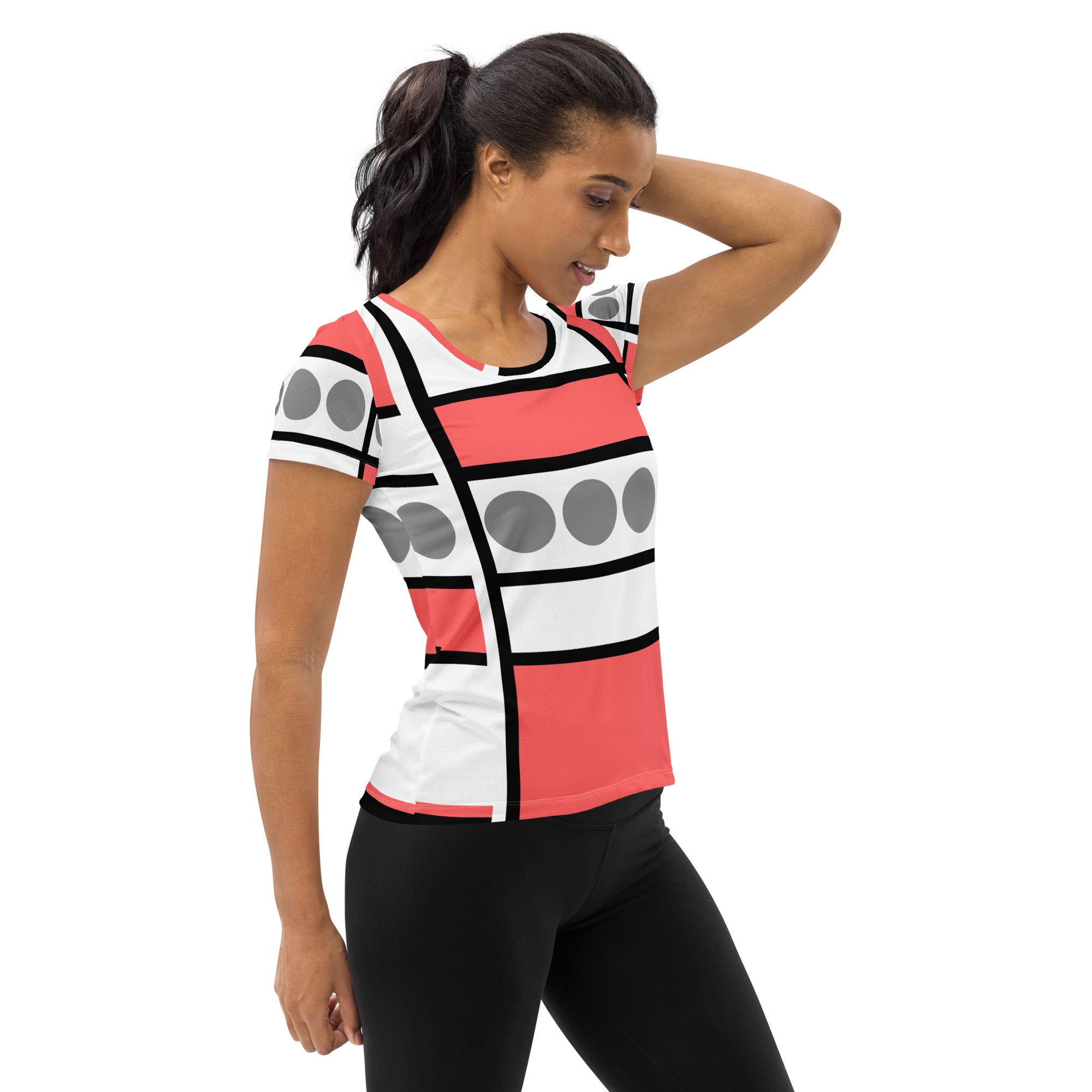 Women's Stretch Fit Athletic Sports T-shirt in pale red print, showcasing a form-fitting design with short sleeves and a crew neckline.