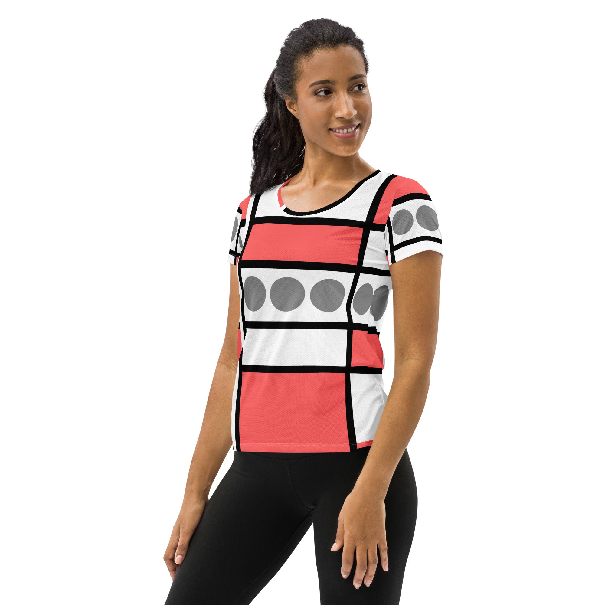 Women's Stretch Fit Athletic Sports T-shirt in pale red print, showcasing a form-fitting design with short sleeves and a crew neckline.