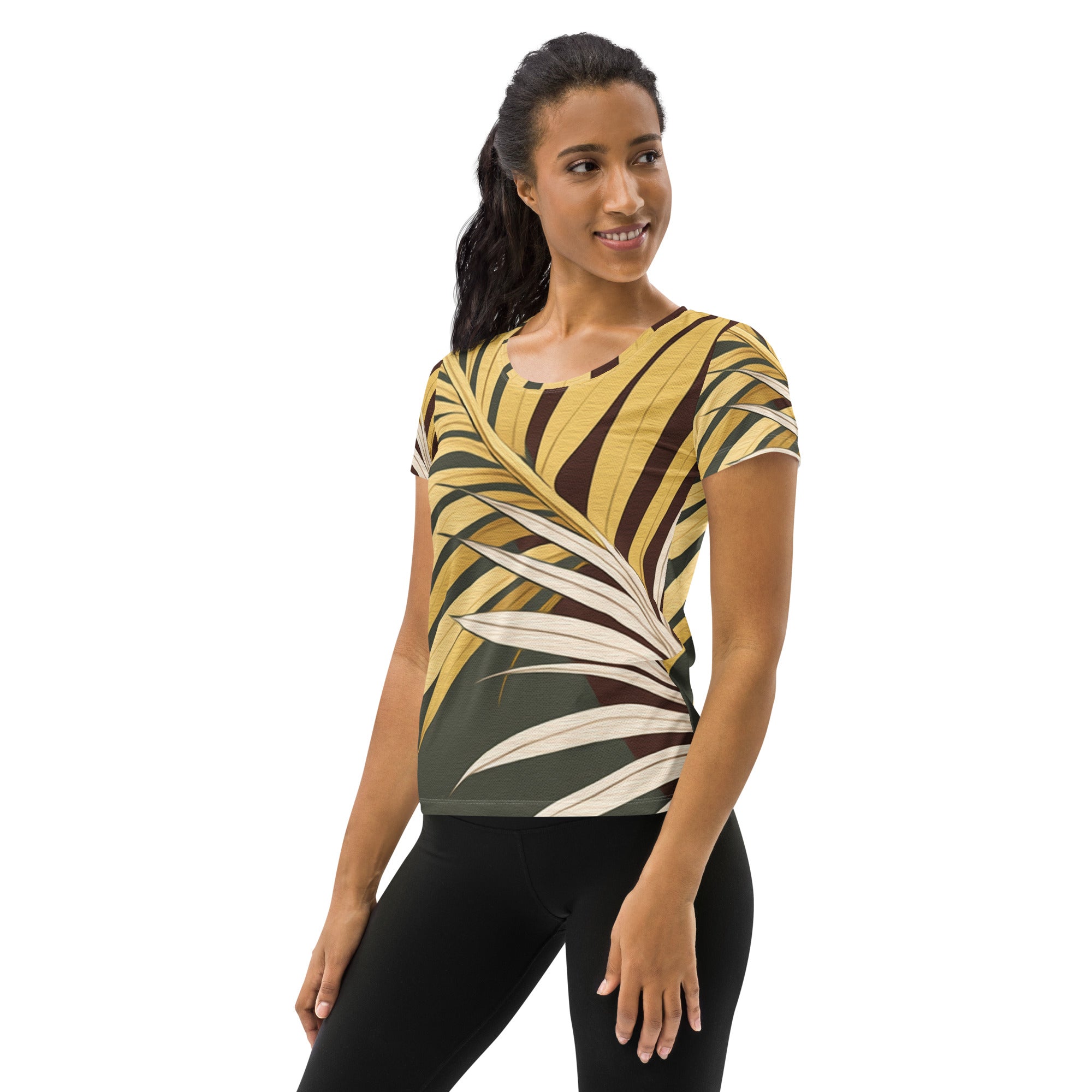 Women's Stretch Fit Athletic Sports T-shirt featuring a vibrant palm tree leaves pattern, designed for comfort and performance during workouts.