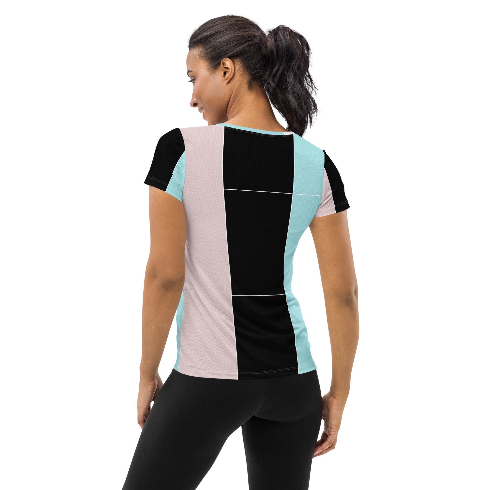 Women's Stretch Fit Athletic Sports T-shirt in pastel pink, black, and blue colorblock design, showcasing its soft fabric and athletic silhouette.