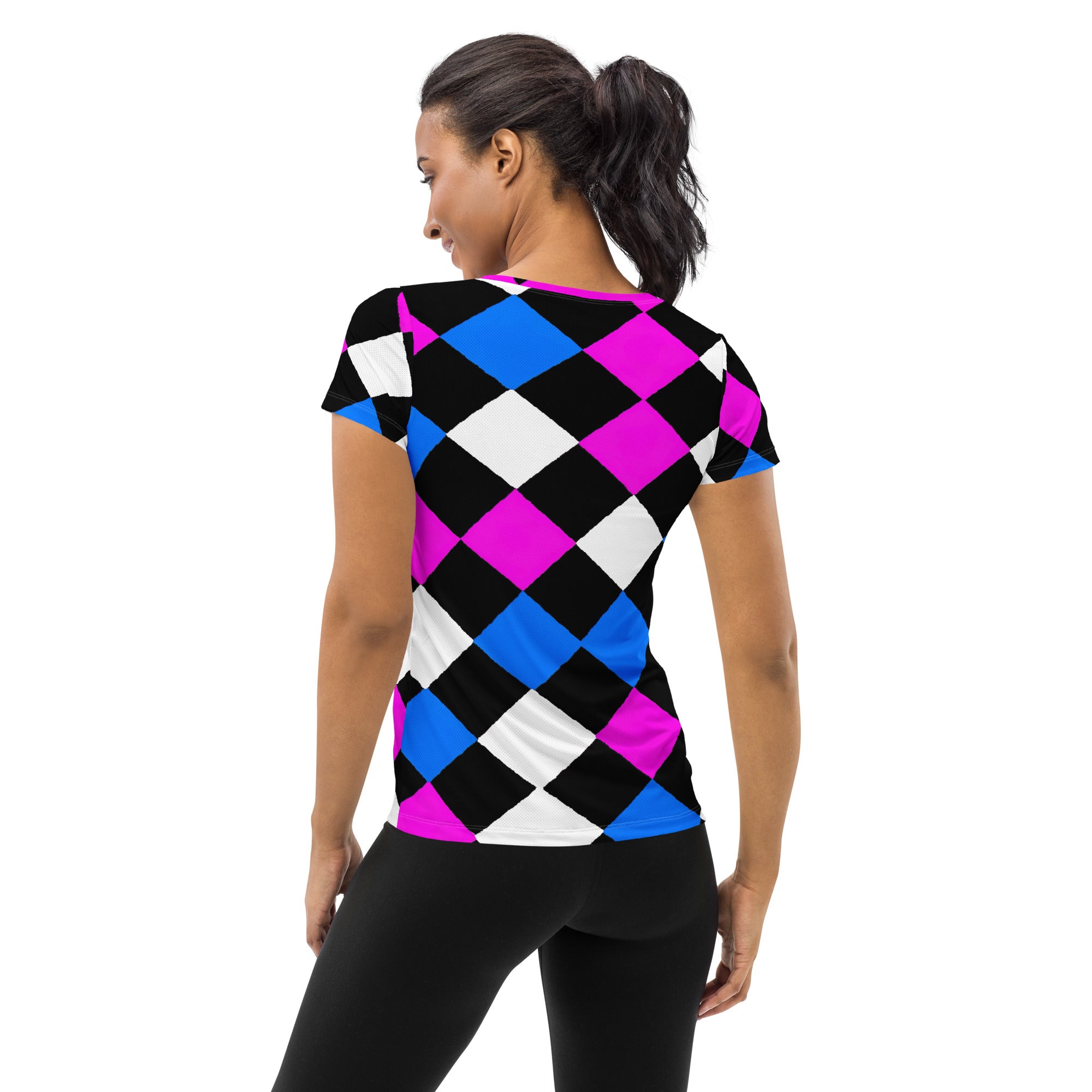 Women's Stretch Fit Athletic Sports T-shirt in pink blue checkered pattern, showcasing its soft fabric and athletic design.
