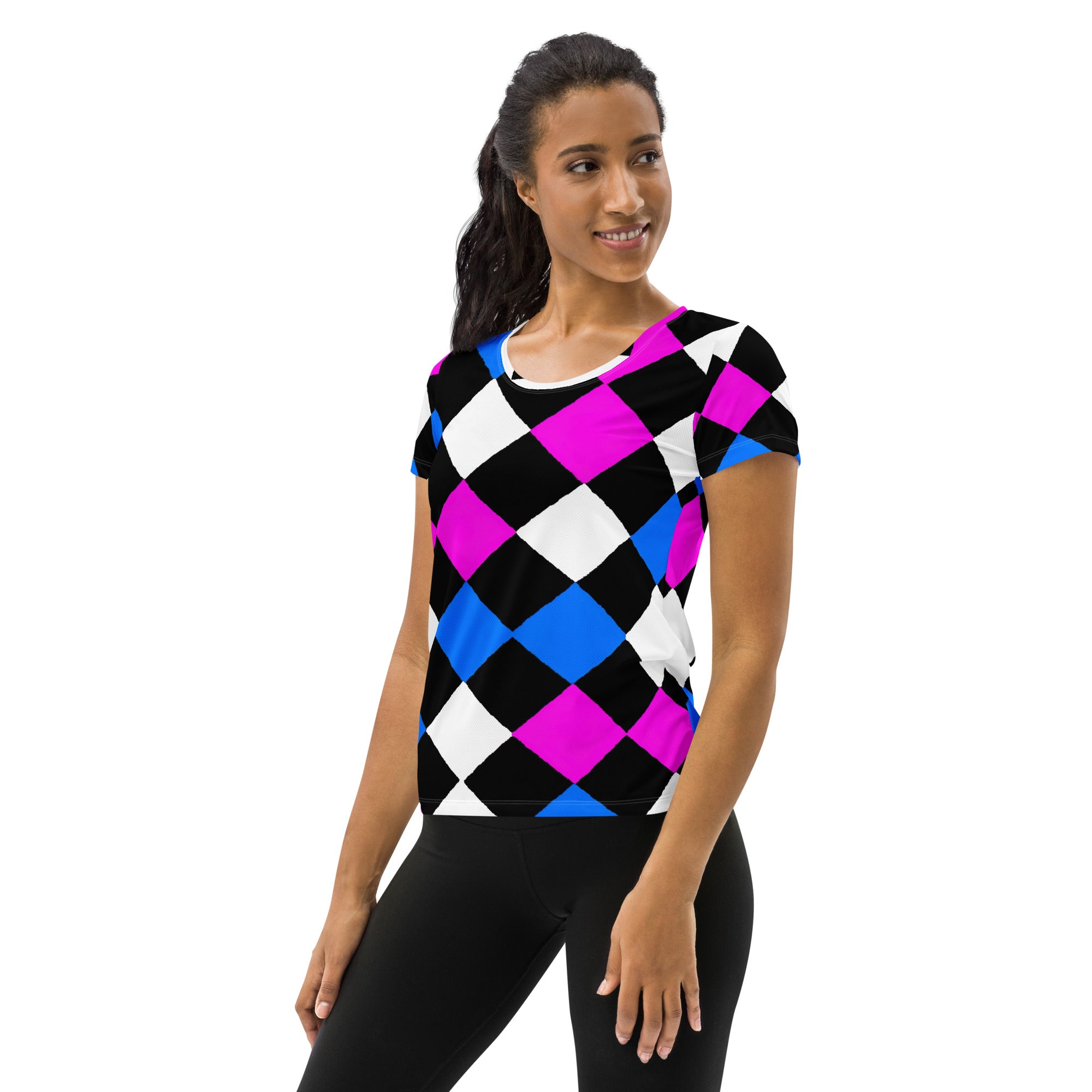 Women's Stretch Fit Athletic Sports T-shirt in pink blue checkered pattern, showcasing its soft fabric and athletic design.