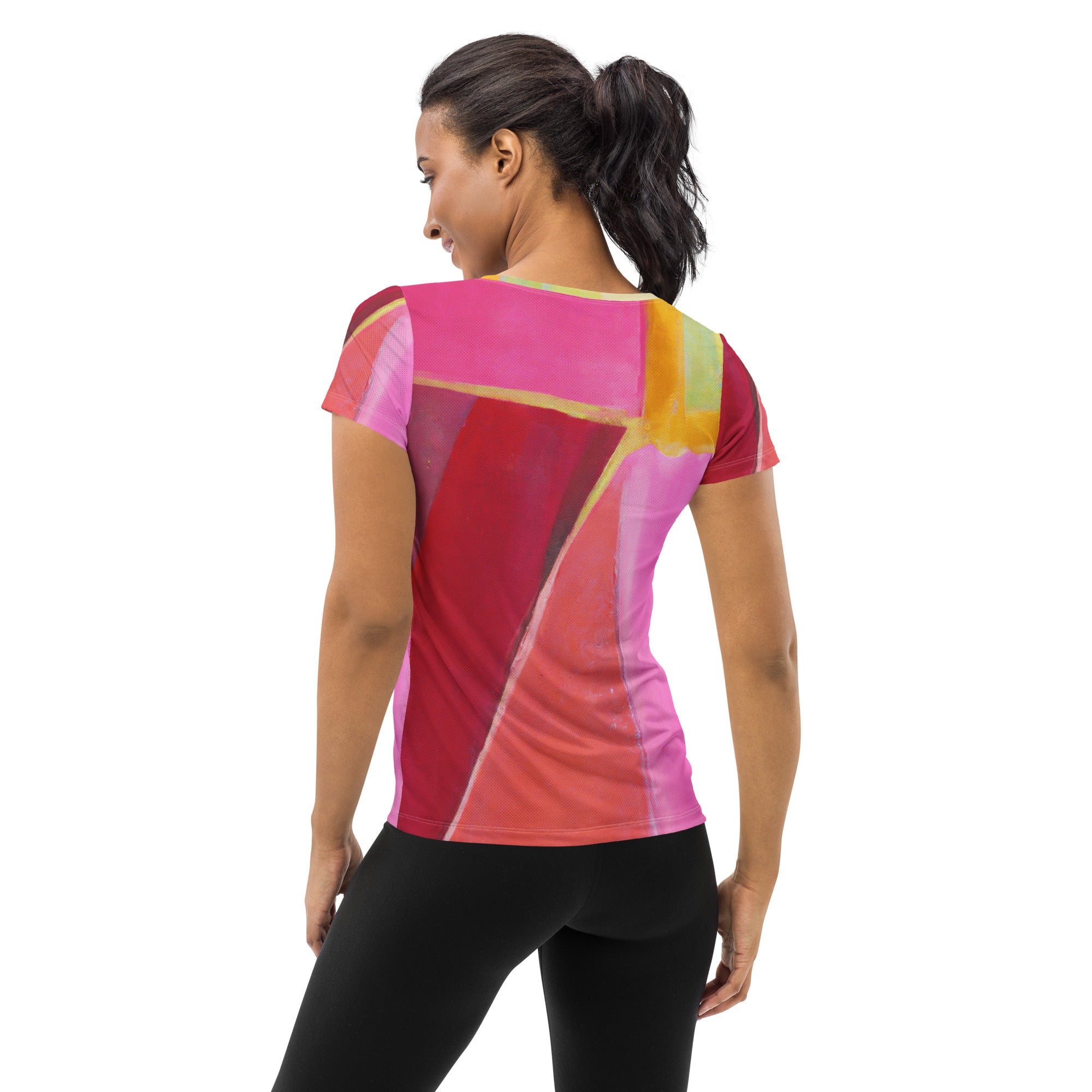 Women's Stretch Fit Athletic Sports T-shirt in pink mauve red geometric pattern, showcasing its soft fabric and athletic design.