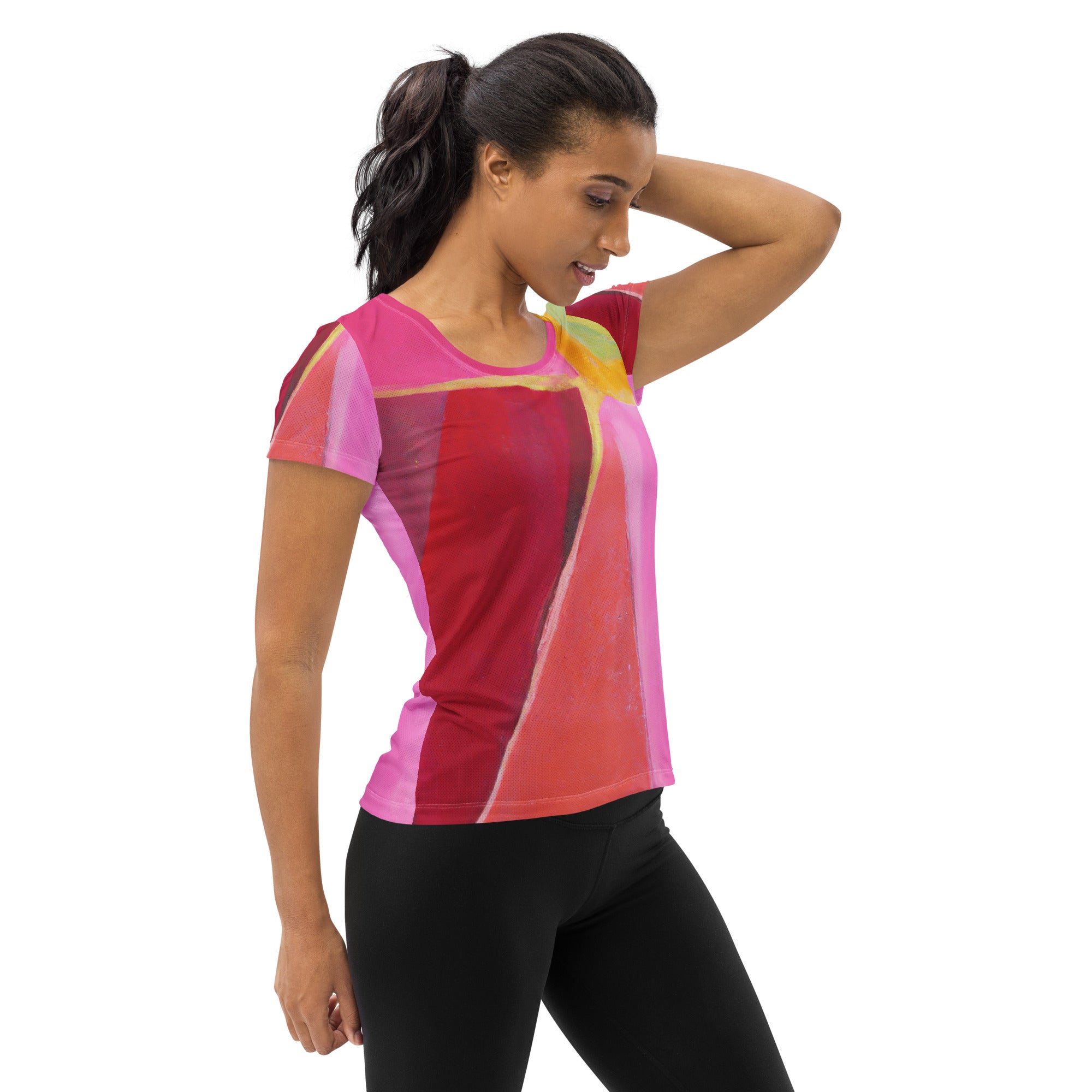 Women's Stretch Fit Athletic Sports T-shirt in pink mauve red geometric pattern, showcasing its soft fabric and athletic design.