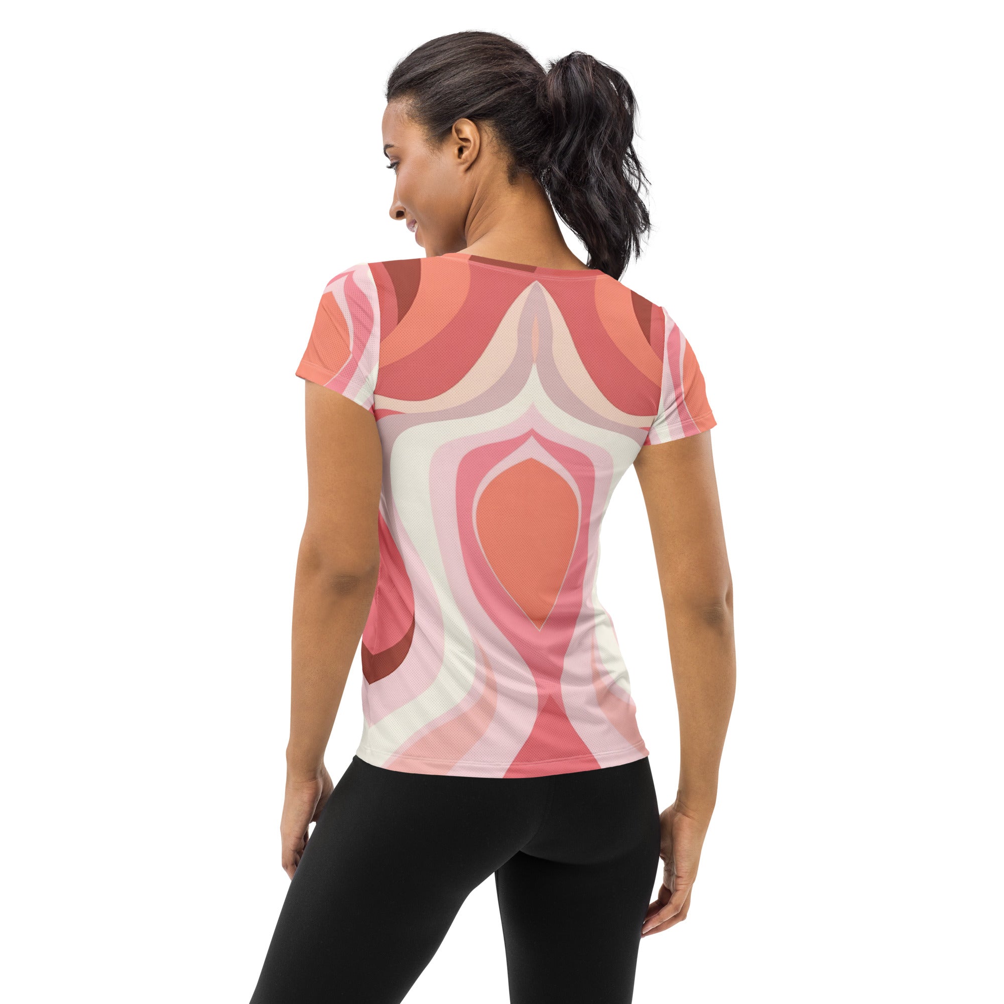 Women's Stretch Fit Athletic Sports T-shirt in pink and white boho swirl pattern, showcasing its stylish design and comfortable fit.