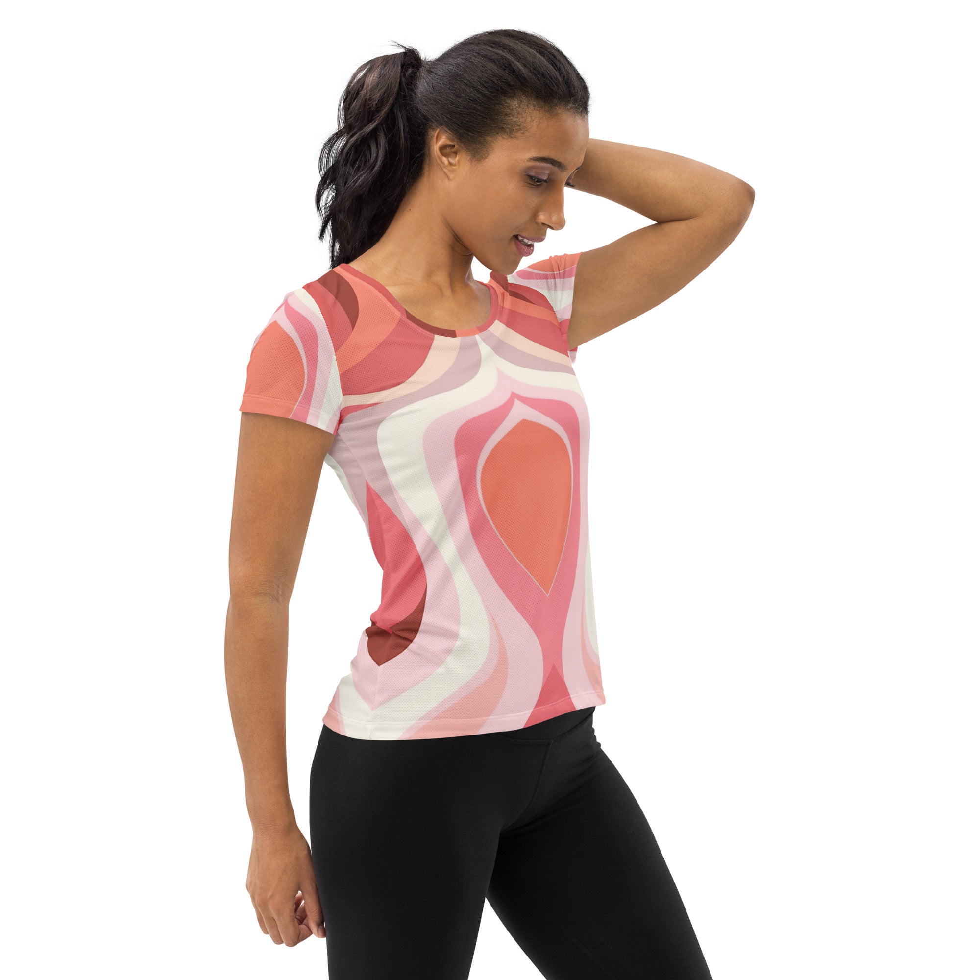 Women's Stretch Fit Athletic Sports T-shirt in pink and white boho swirl pattern, showcasing its stylish design and comfortable fit.