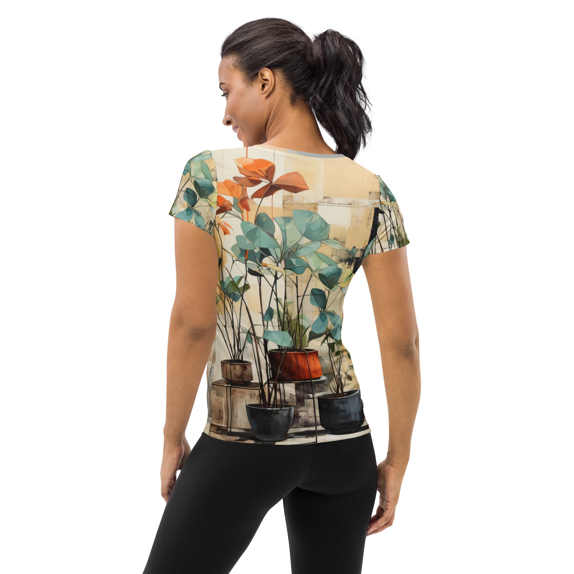 Women's Stretch Fit Athletic Sports T-shirt featuring a Rustic Botanical Plants design, showcasing its soft fabric and athletic silhouette.