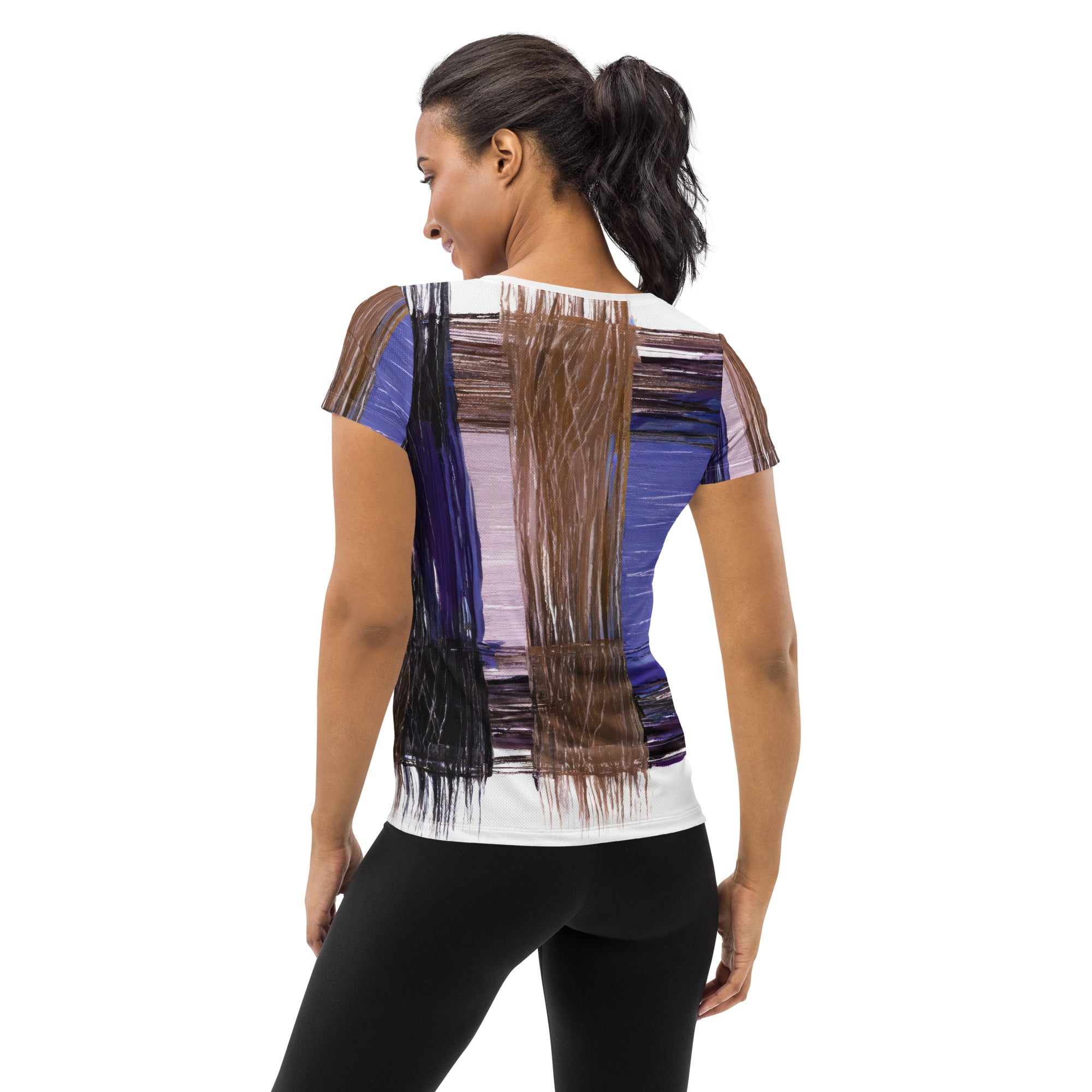 Women's Stretch Fit Athletic Sports T-shirt in Rustic Brown Interweave, showcasing its soft fabric and athletic design.