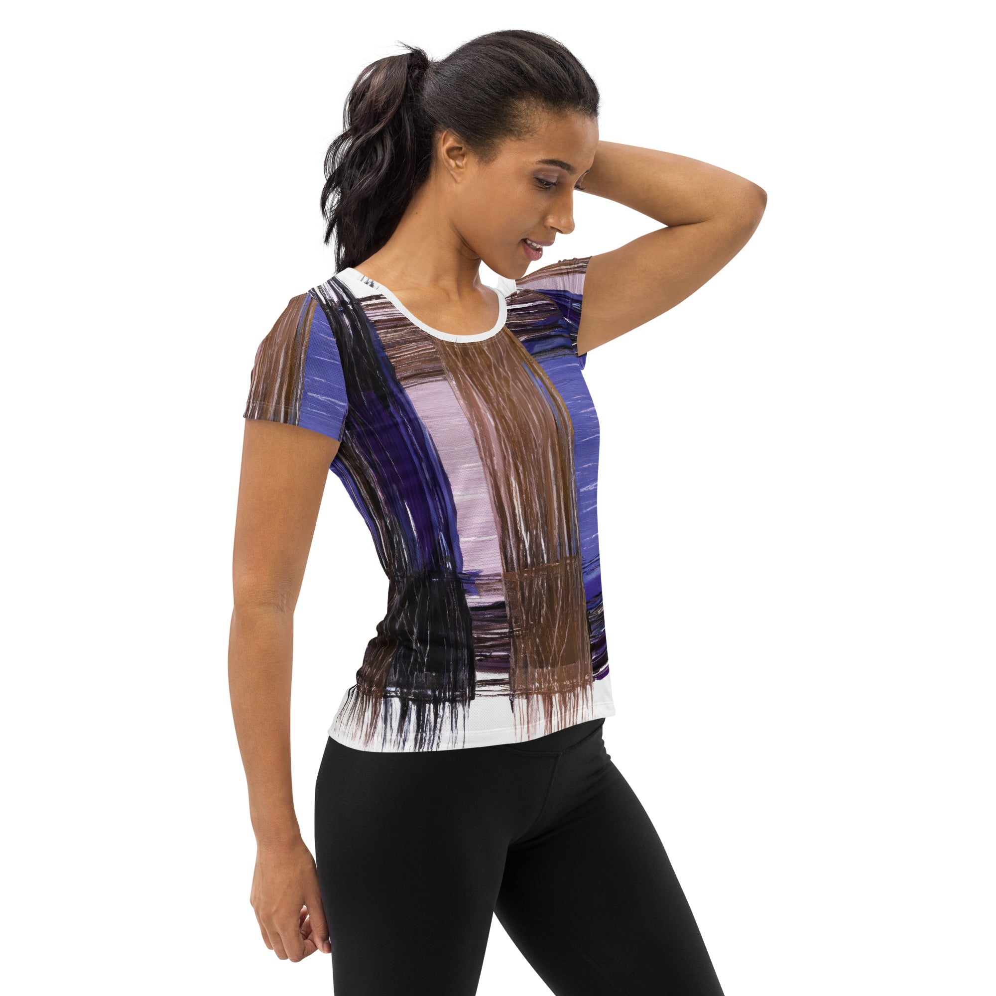 Women's Stretch Fit Athletic Sports T-shirt in Rustic Brown Interweave, showcasing its soft fabric and athletic design.