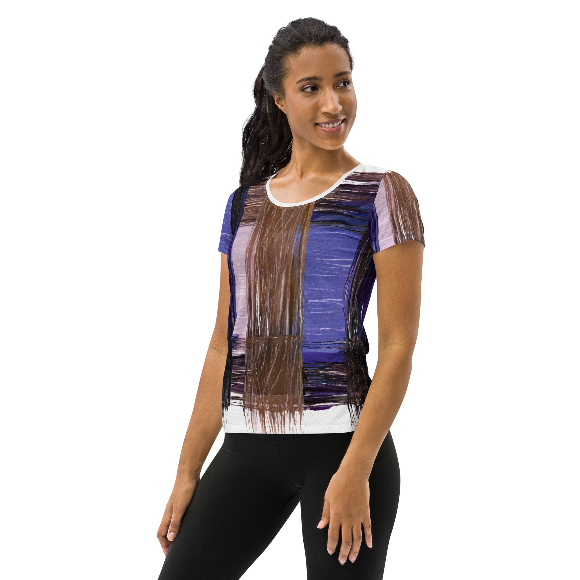 Women's Stretch Fit Athletic Sports T-shirt in Rustic Brown Interweave, showcasing its soft fabric and athletic design.