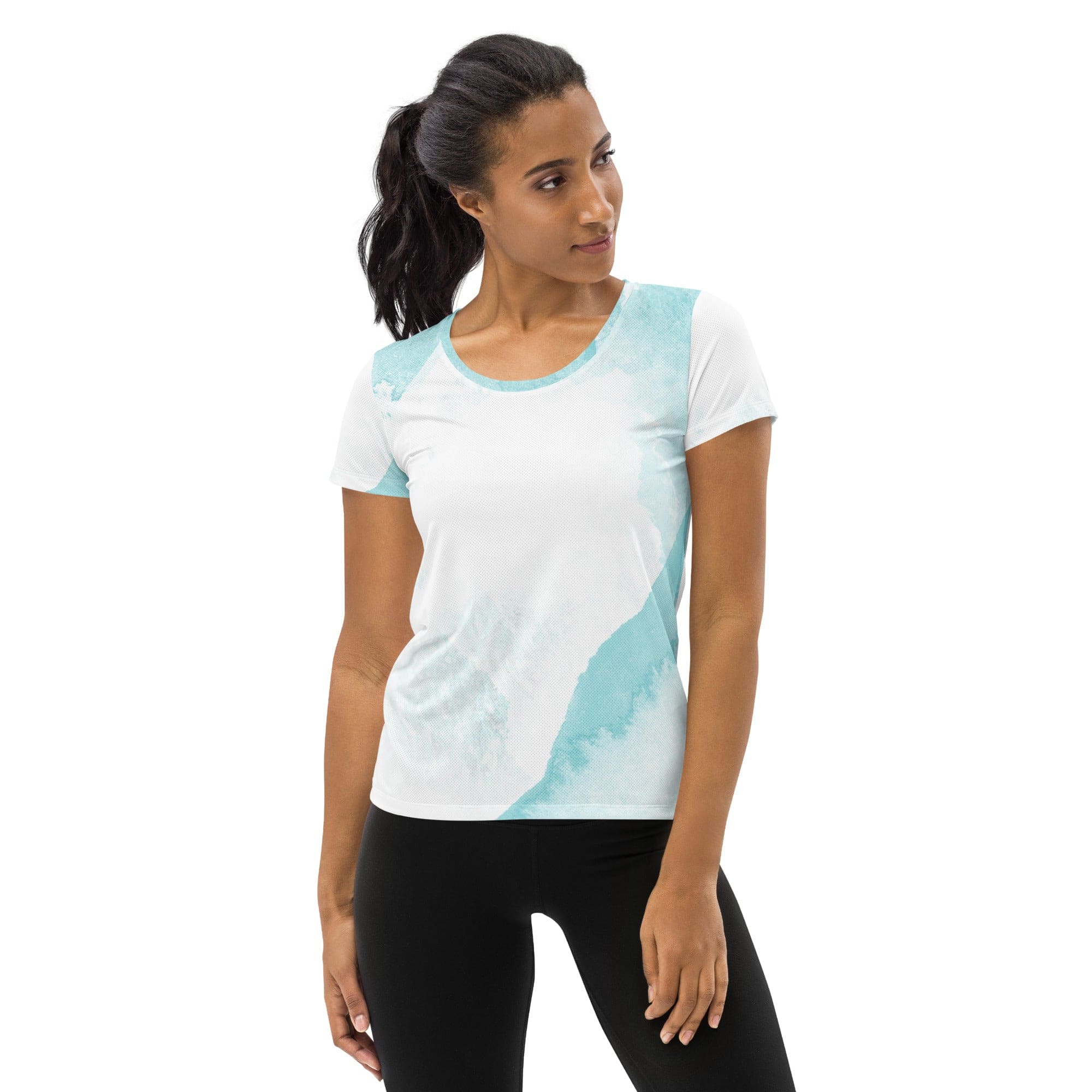 Women's Stretch Fit Athletic Sports T-shirt in Subtle Abstract Ocean design, featuring a blue and white print, perfect for workouts and casual wear.