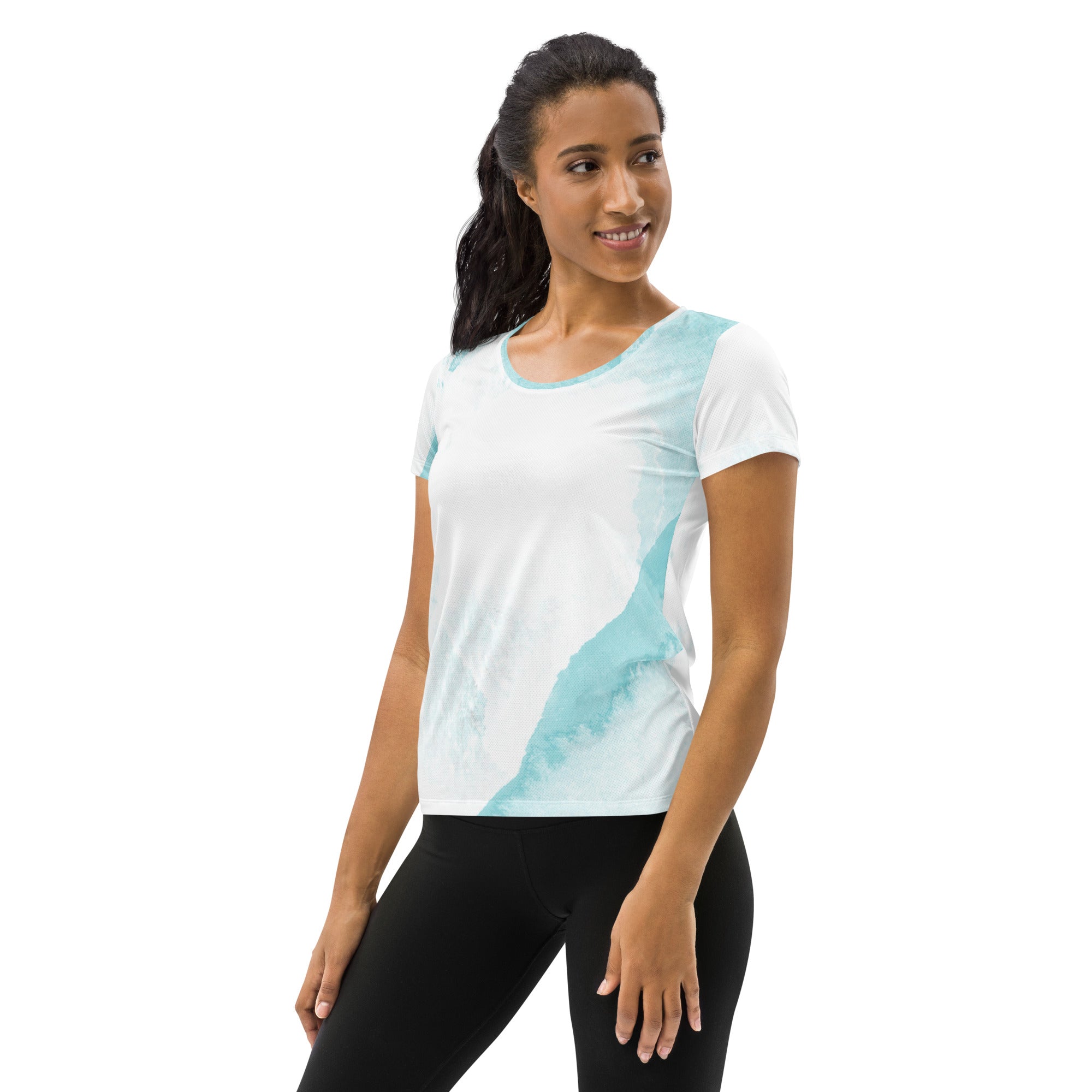 Women's Stretch Fit Athletic Sports T-shirt in Subtle Abstract Ocean design, featuring a blue and white print, perfect for workouts and casual wear.