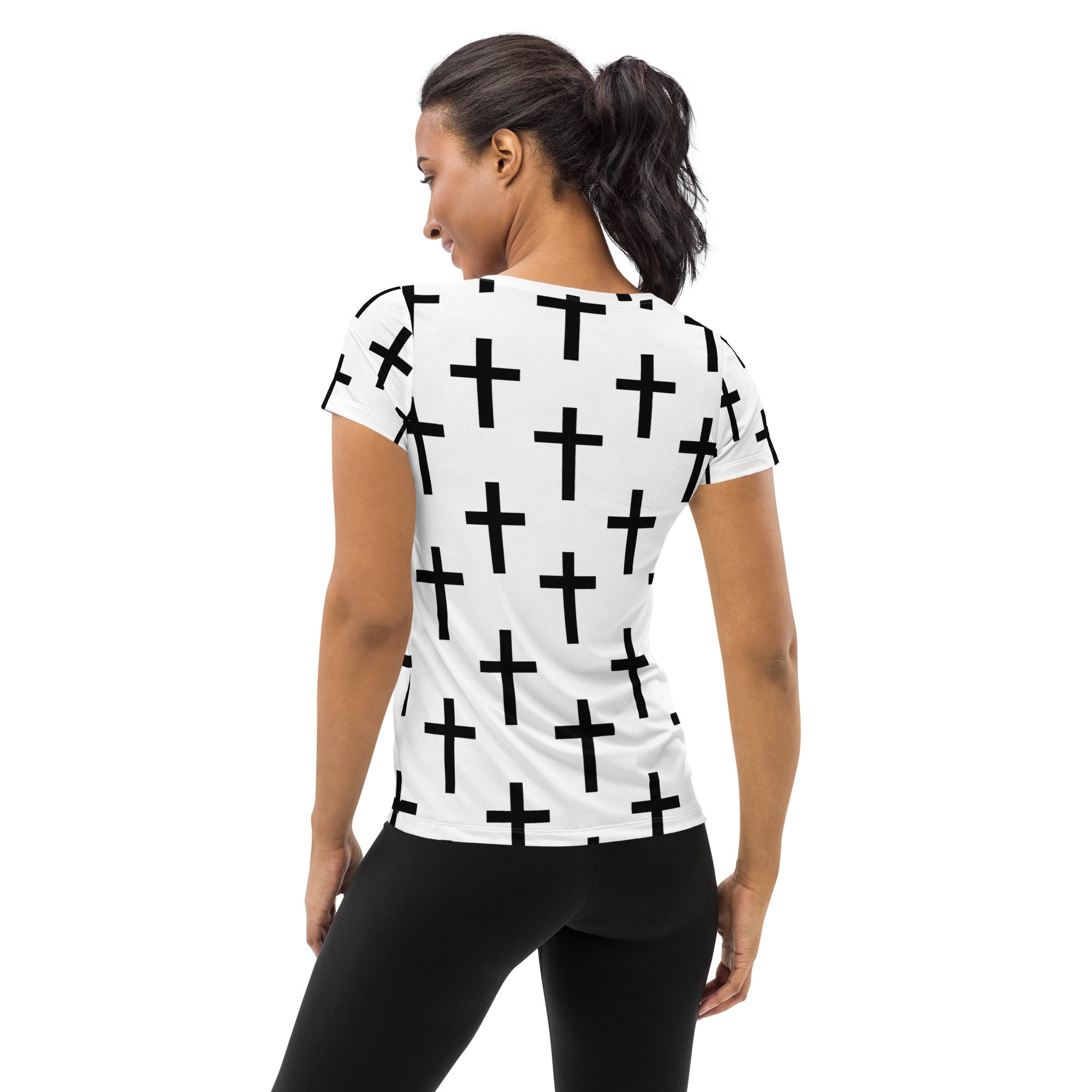 Women's Stretch Fit Athletic Sports T-shirt in white and black cross print, showcasing its seamless design and athletic silhouette.