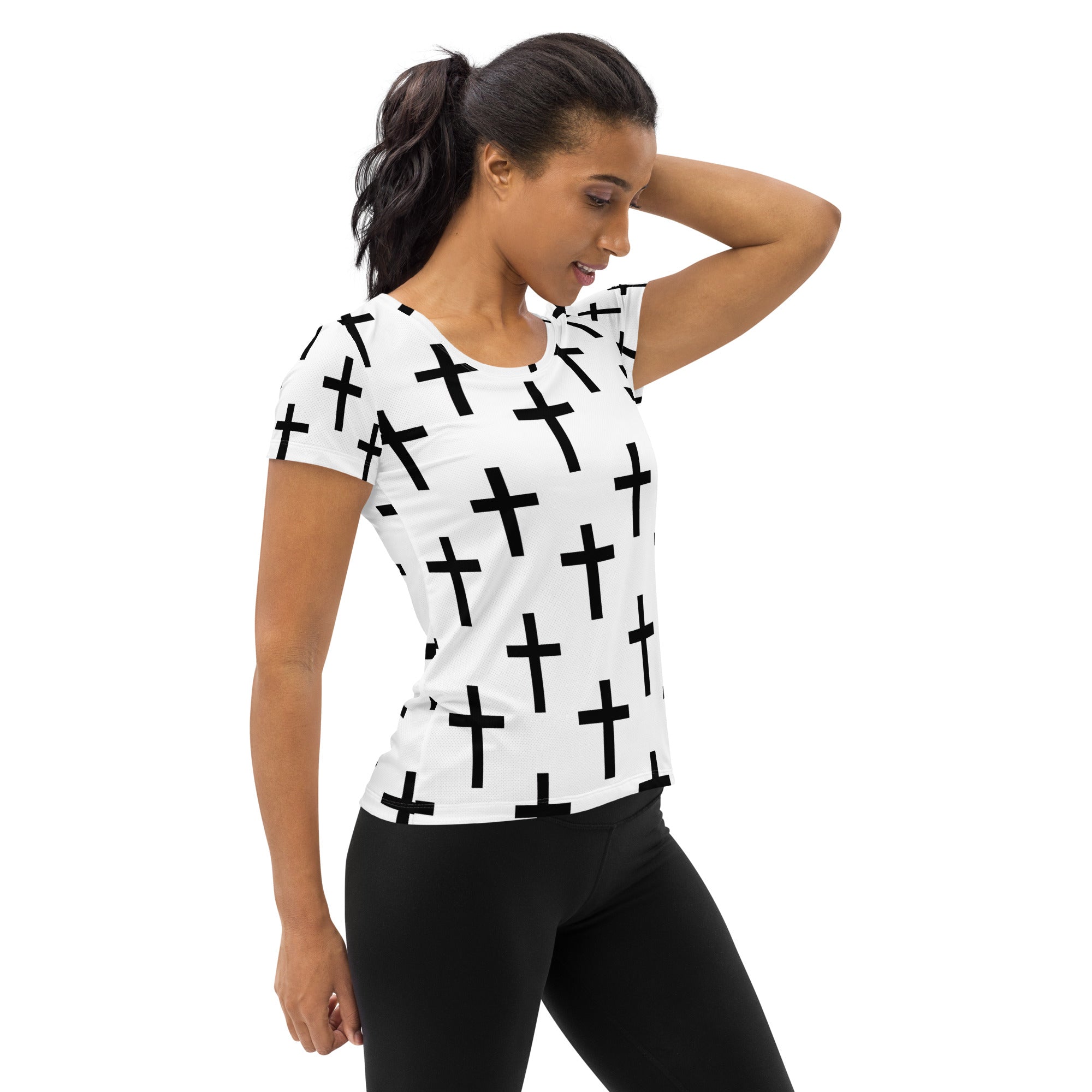 Women's Stretch Fit Athletic Sports T-shirt in white and black cross print, showcasing its seamless design and athletic silhouette.