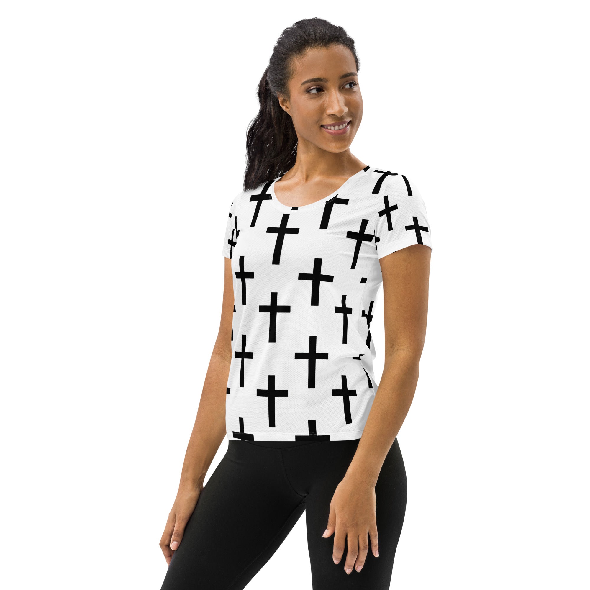 Women's Stretch Fit Athletic Sports T-shirt in white and black cross print, showcasing its seamless design and athletic silhouette.