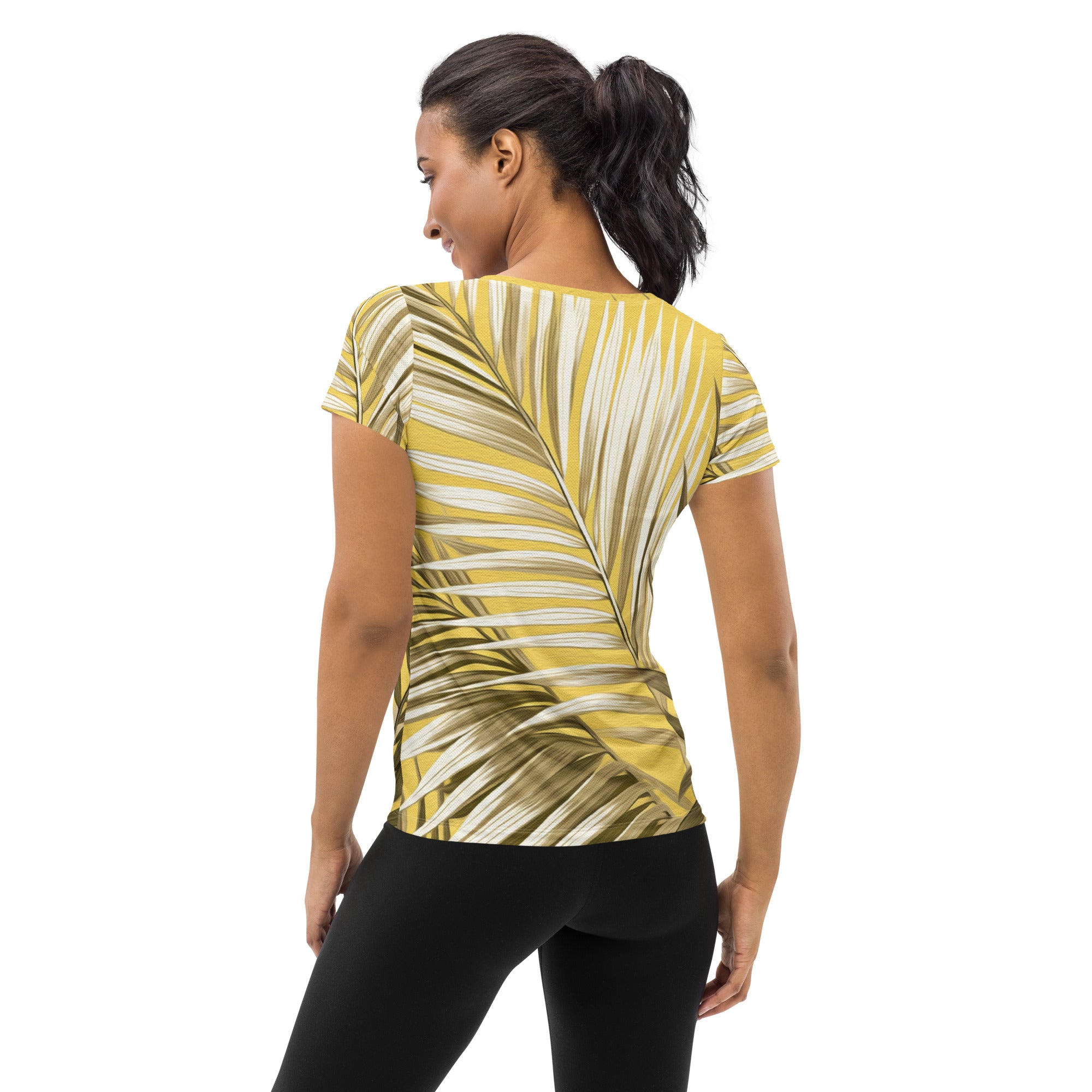 Women's Stretch Fit Athletic Sports T-shirt in white with brown palm leaves design, showcasing a comfortable and stylish fit for workouts.