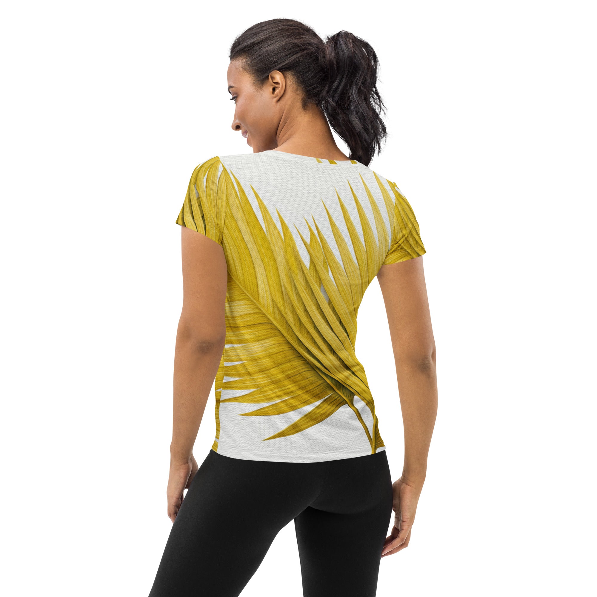 Women's Stretch Fit Athletic Sports T-shirt in yellow with palm leaves design, showcasing a comfortable fit and athletic silhouette.