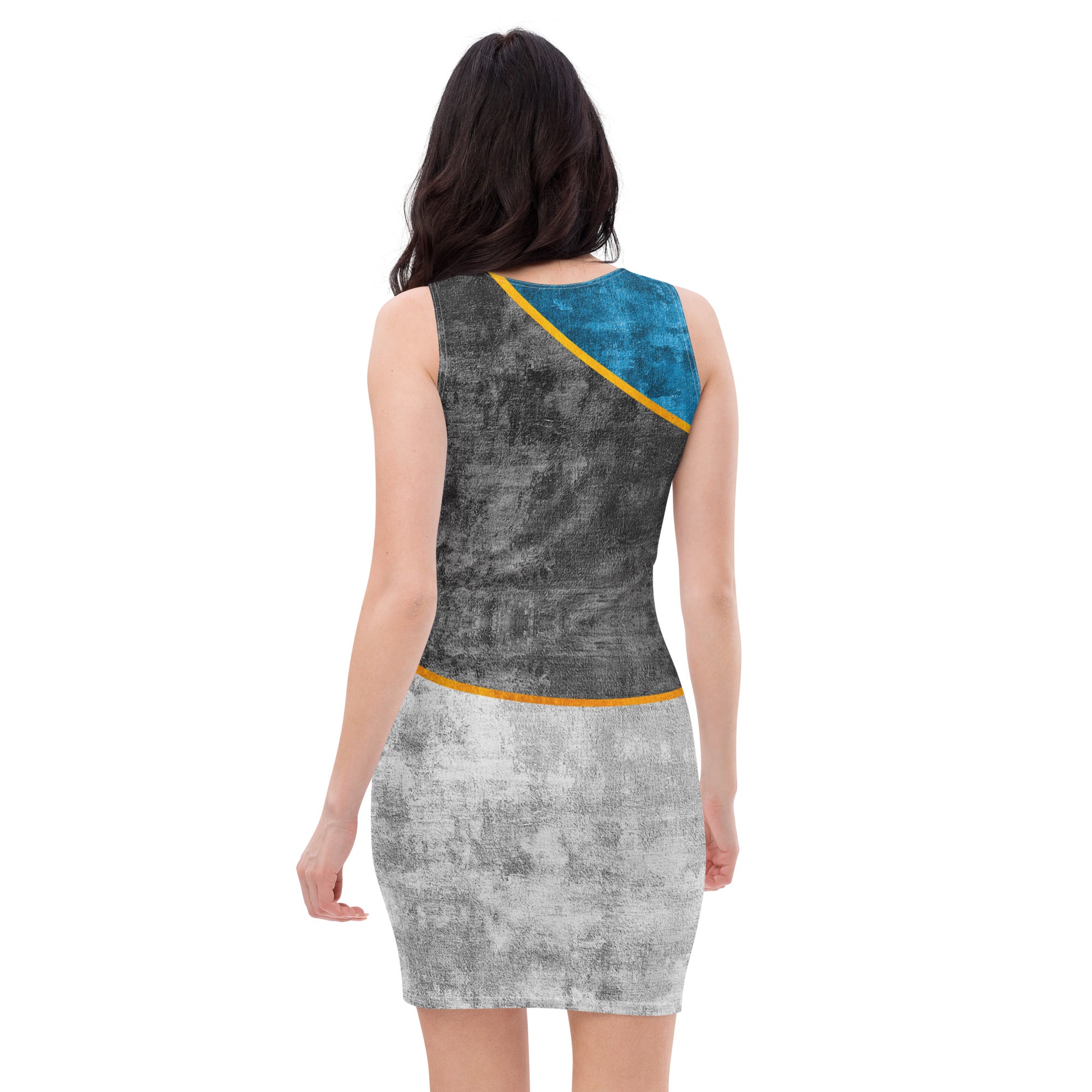 A stylish Women's Stretch Fit Bodycon Dress in Blue Grey, showcasing a figure-hugging silhouette and sleeveless design, perfect for special occasions.