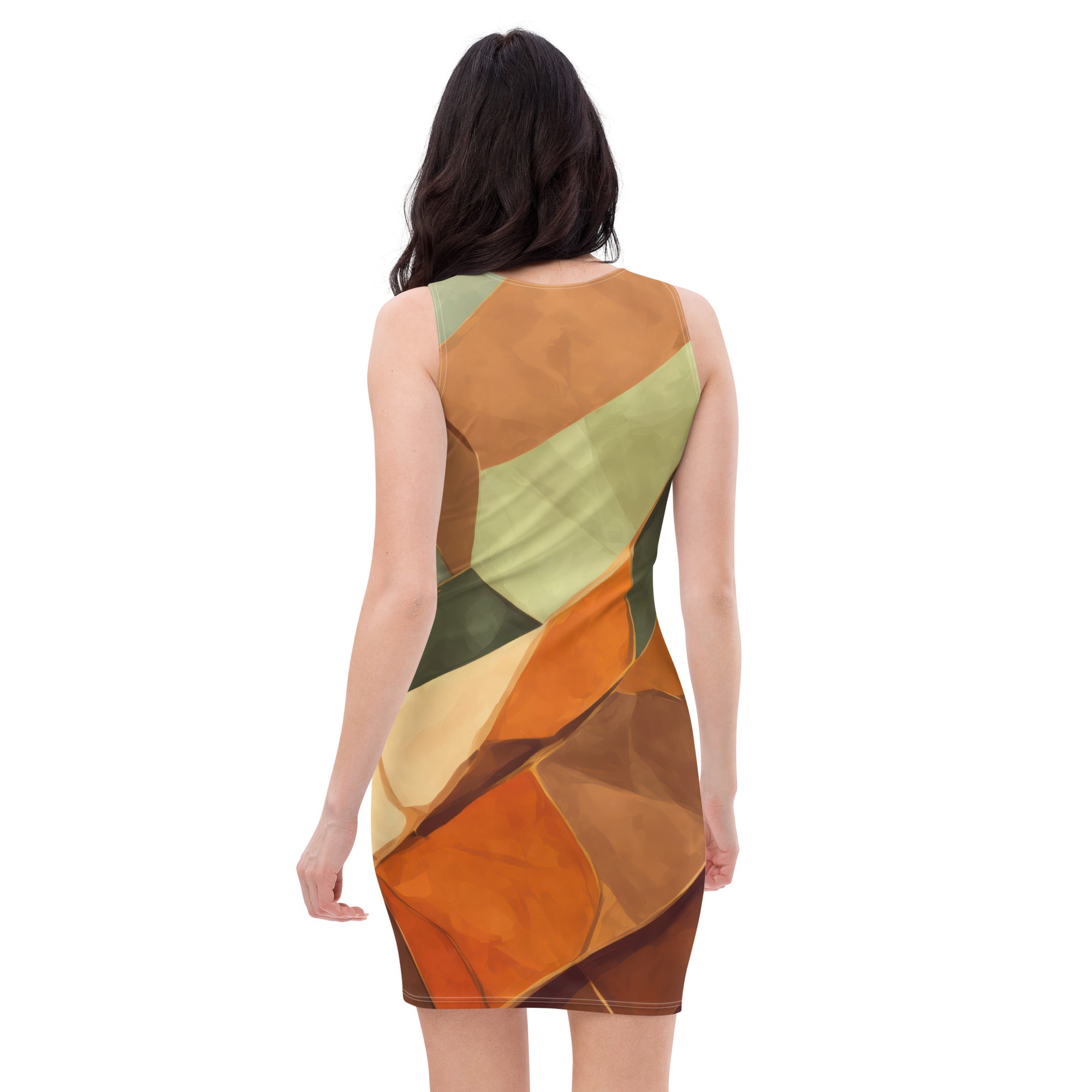 A stylish women's stretch fit bodycon dress in rustic red with an abstract pattern, showcasing a flattering silhouette and sleeveless design.