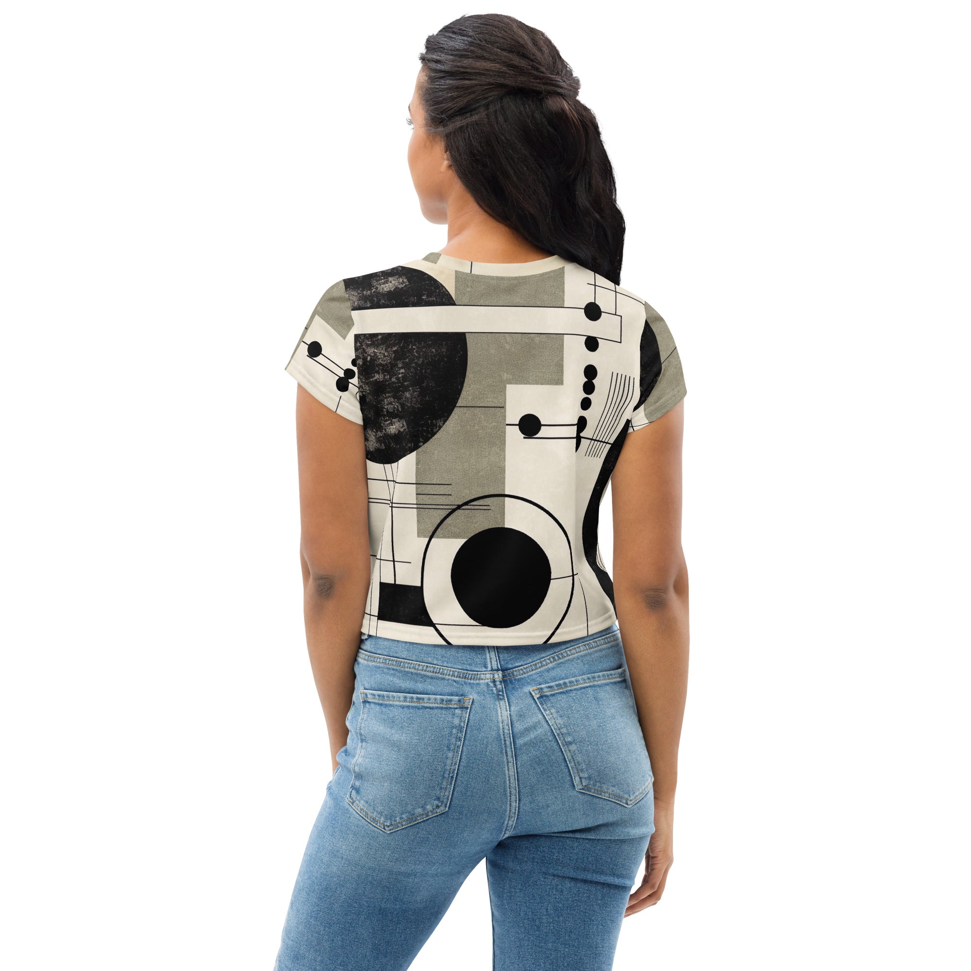 Women's Stretch Fit Crop Tee in Abstract Black, Beige, and Brown with geometric shapes, showcasing a trendy cropped design.