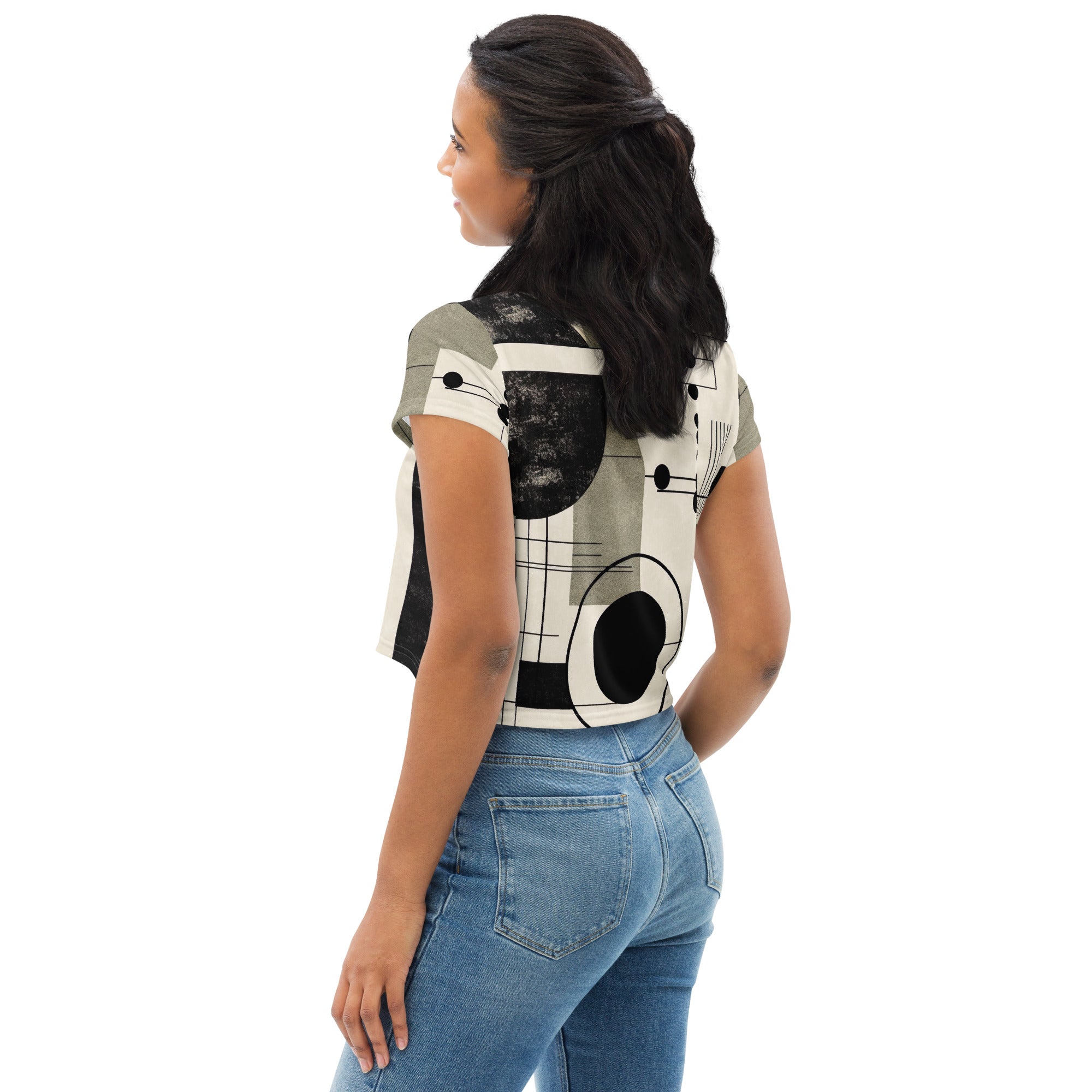 Women's Stretch Fit Crop Tee in Abstract Black, Beige, and Brown with geometric shapes, showcasing a trendy cropped design.
