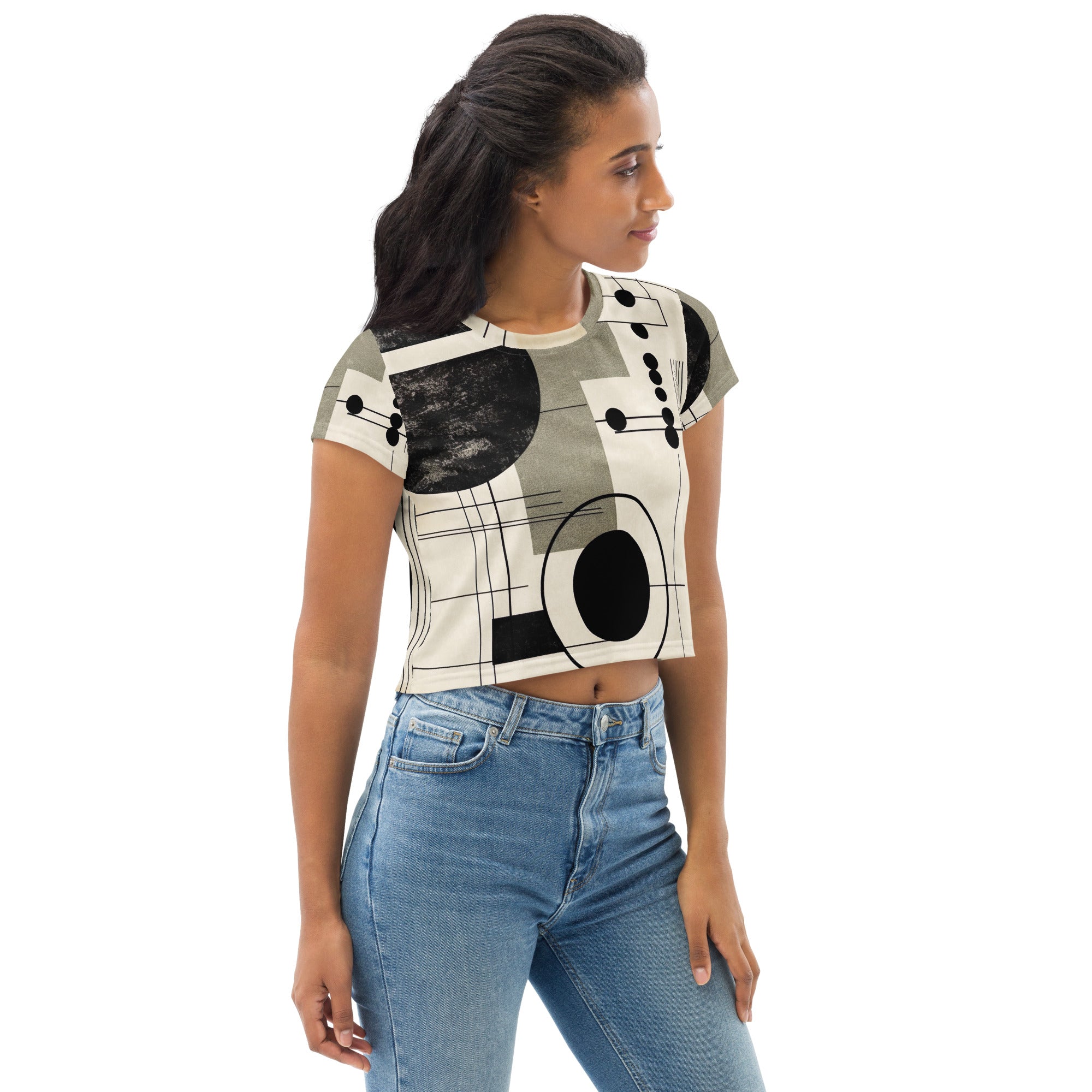 Women's Stretch Fit Crop Tee in Abstract Black, Beige, and Brown with geometric shapes, showcasing a trendy cropped design.