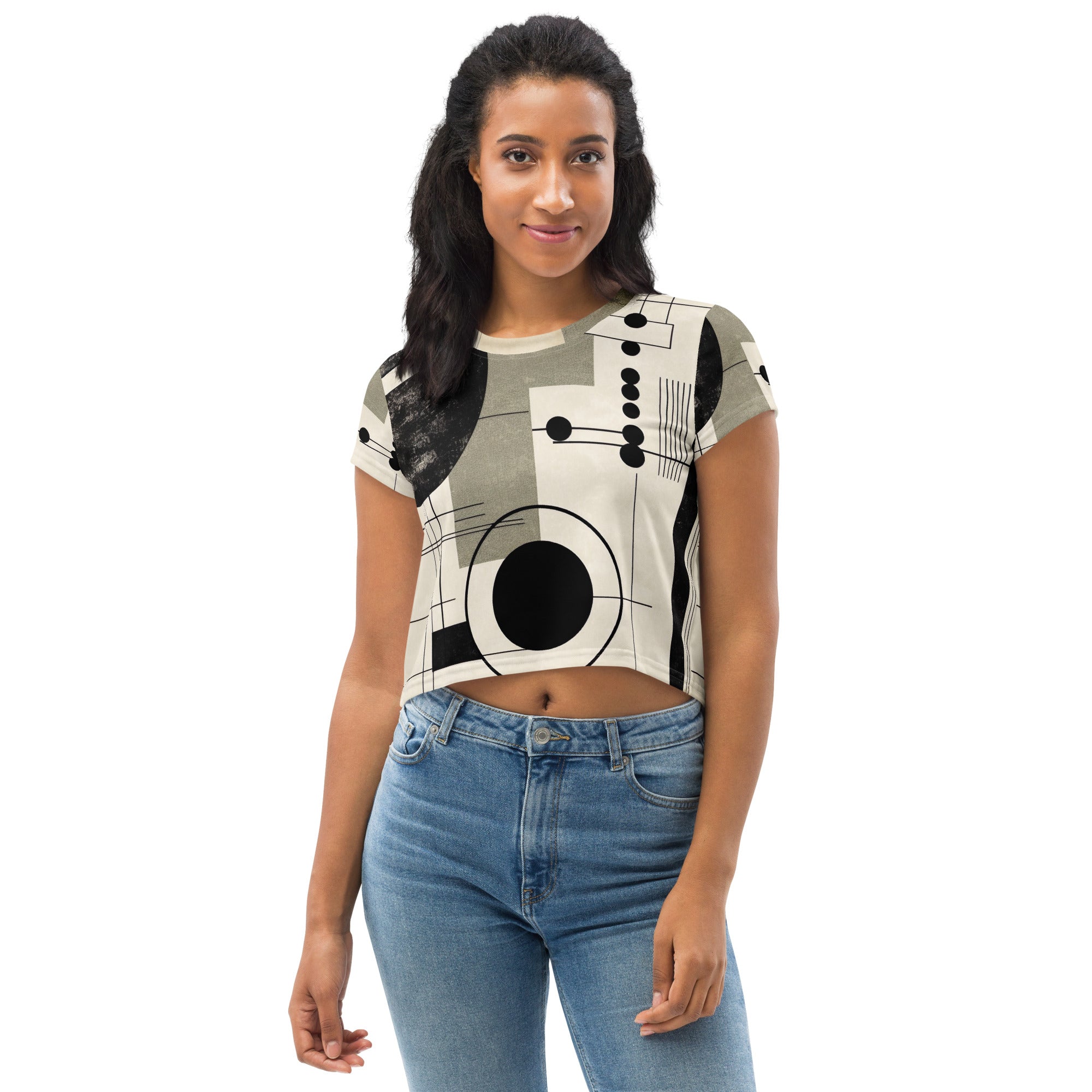 Women's Stretch Fit Crop Tee in Abstract Black, Beige, and Brown with geometric shapes, showcasing a trendy cropped design.