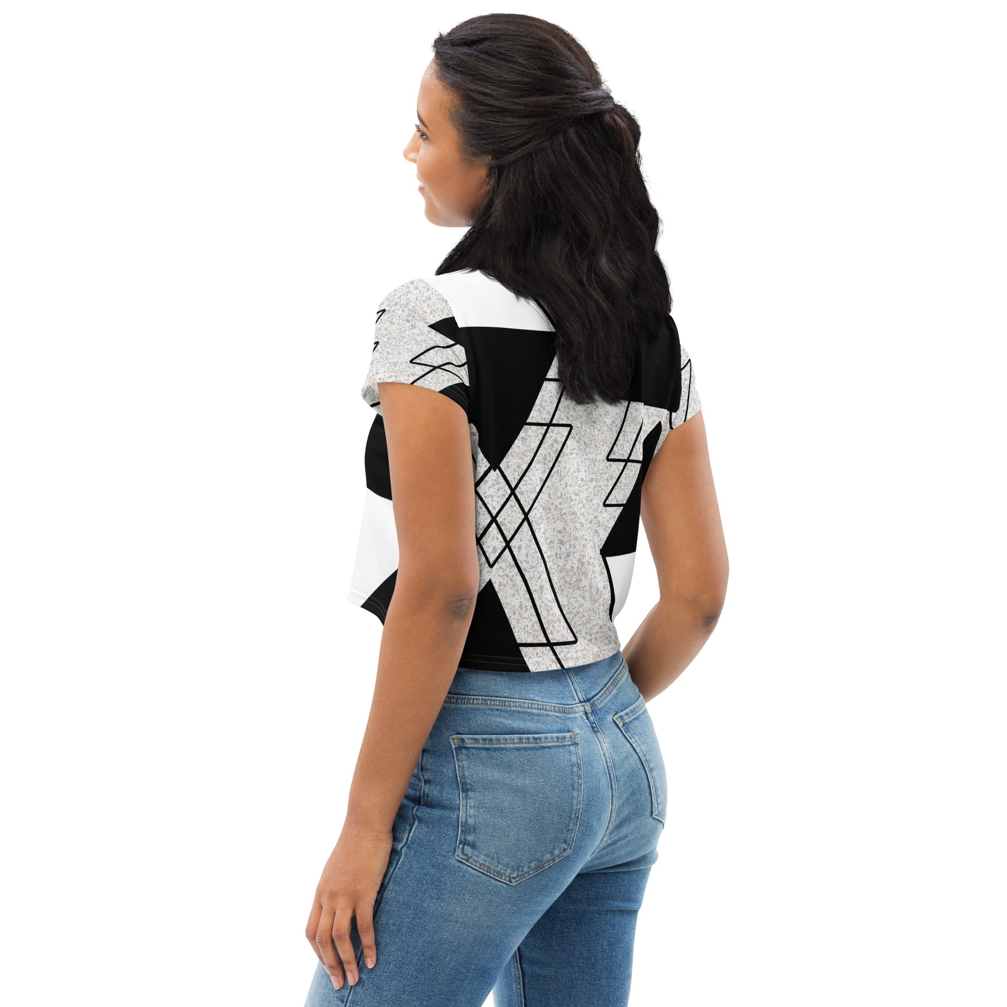 Women's Stretch Fit Crop Tee in Black and White Ash Grey featuring a triangular colorblock design, short sleeves, and a cropped silhouette.