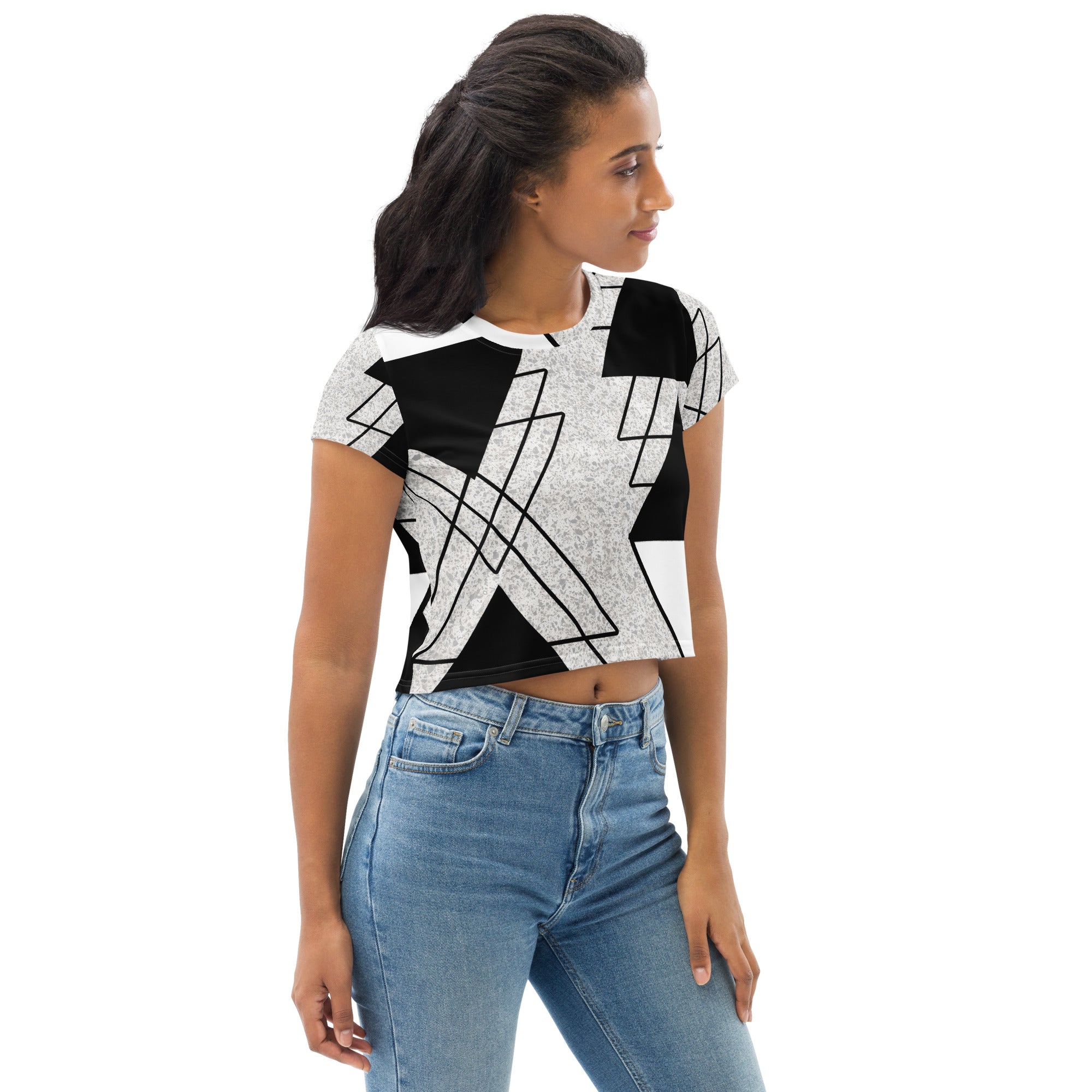 Women's Stretch Fit Crop Tee in Black and White Ash Grey featuring a triangular colorblock design, short sleeves, and a cropped silhouette.