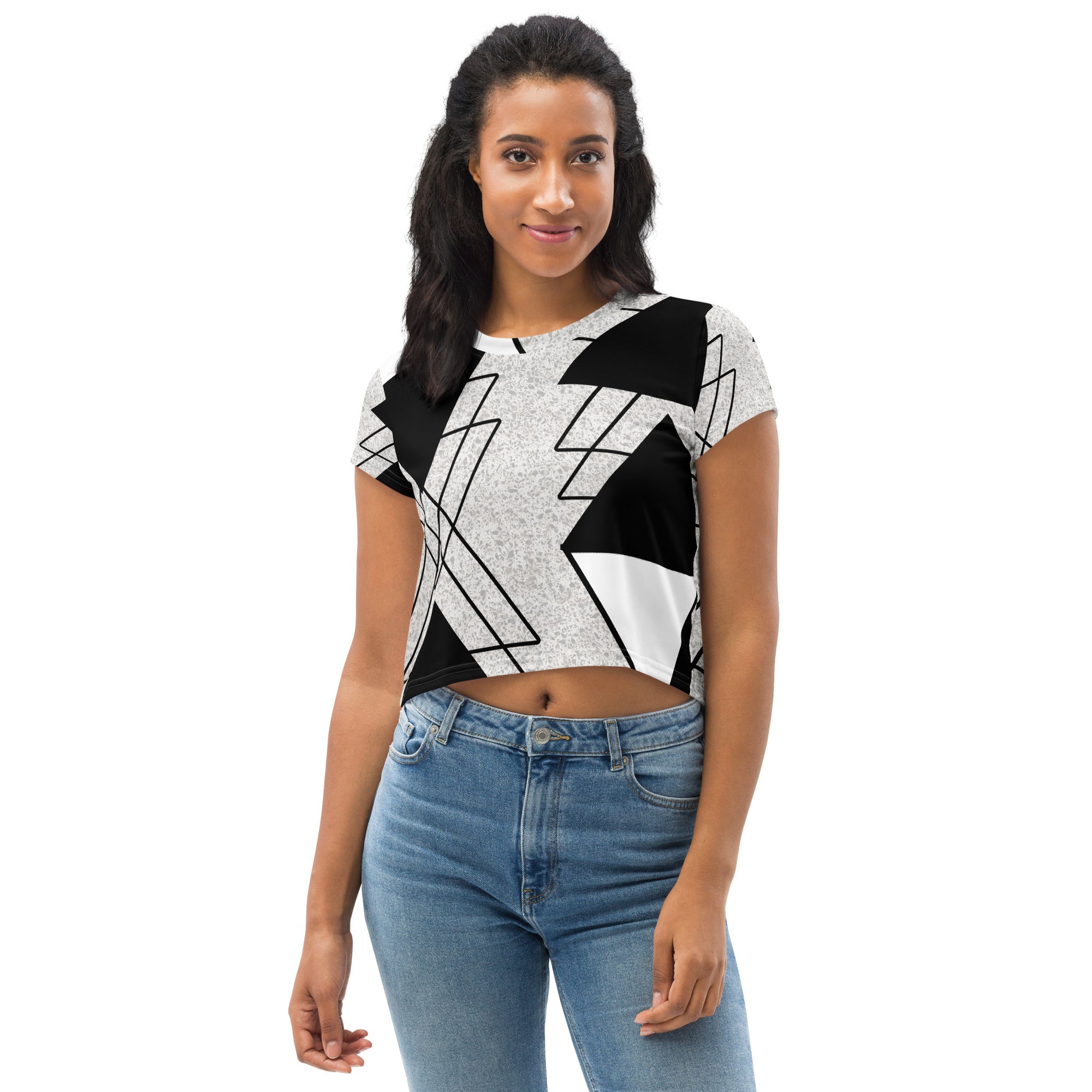 Women's Stretch Fit Crop Tee in Black and White Ash Grey featuring a triangular colorblock design, short sleeves, and a cropped silhouette.